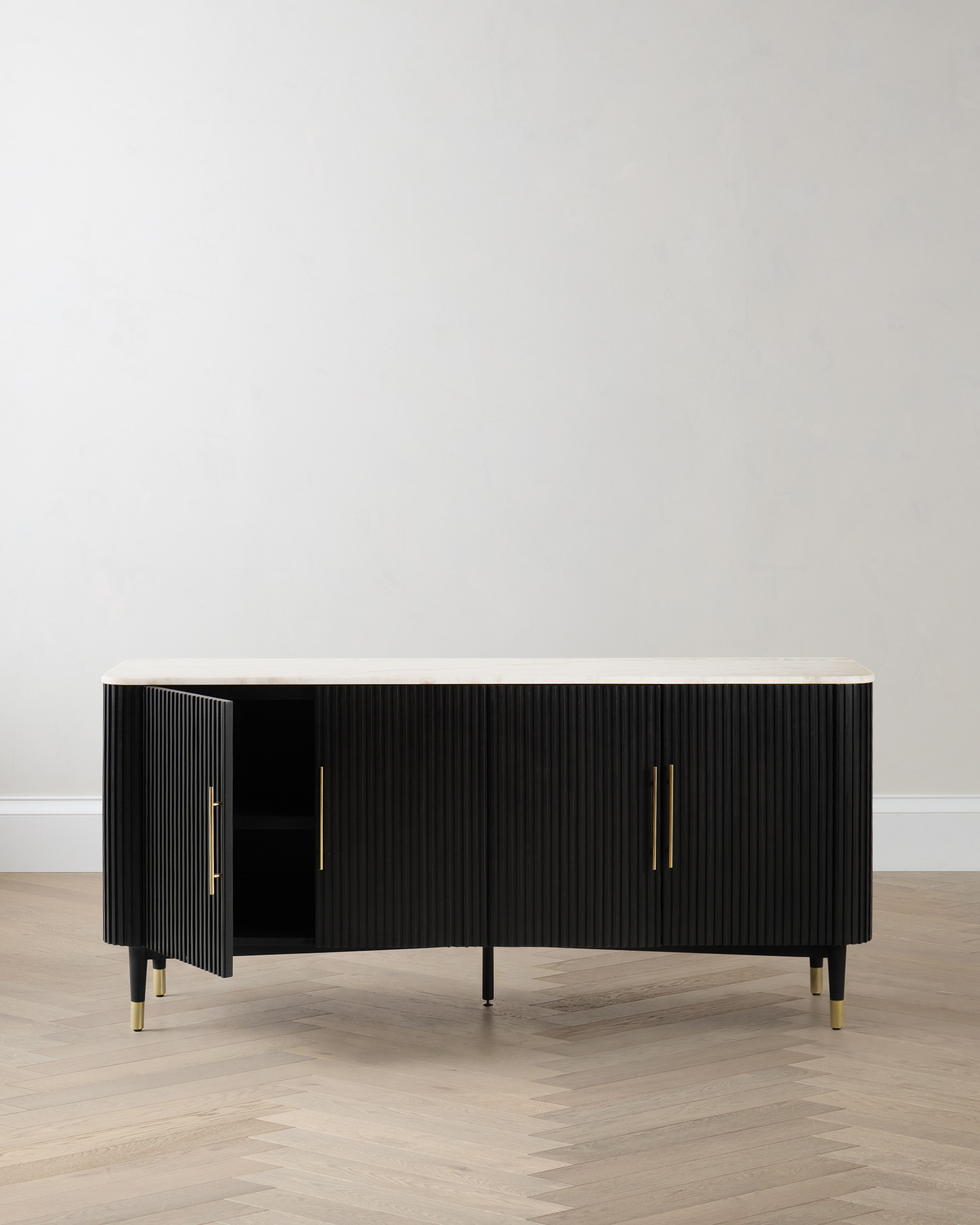Cream/Black Fluted Wood and Genuine Marble Sideboard