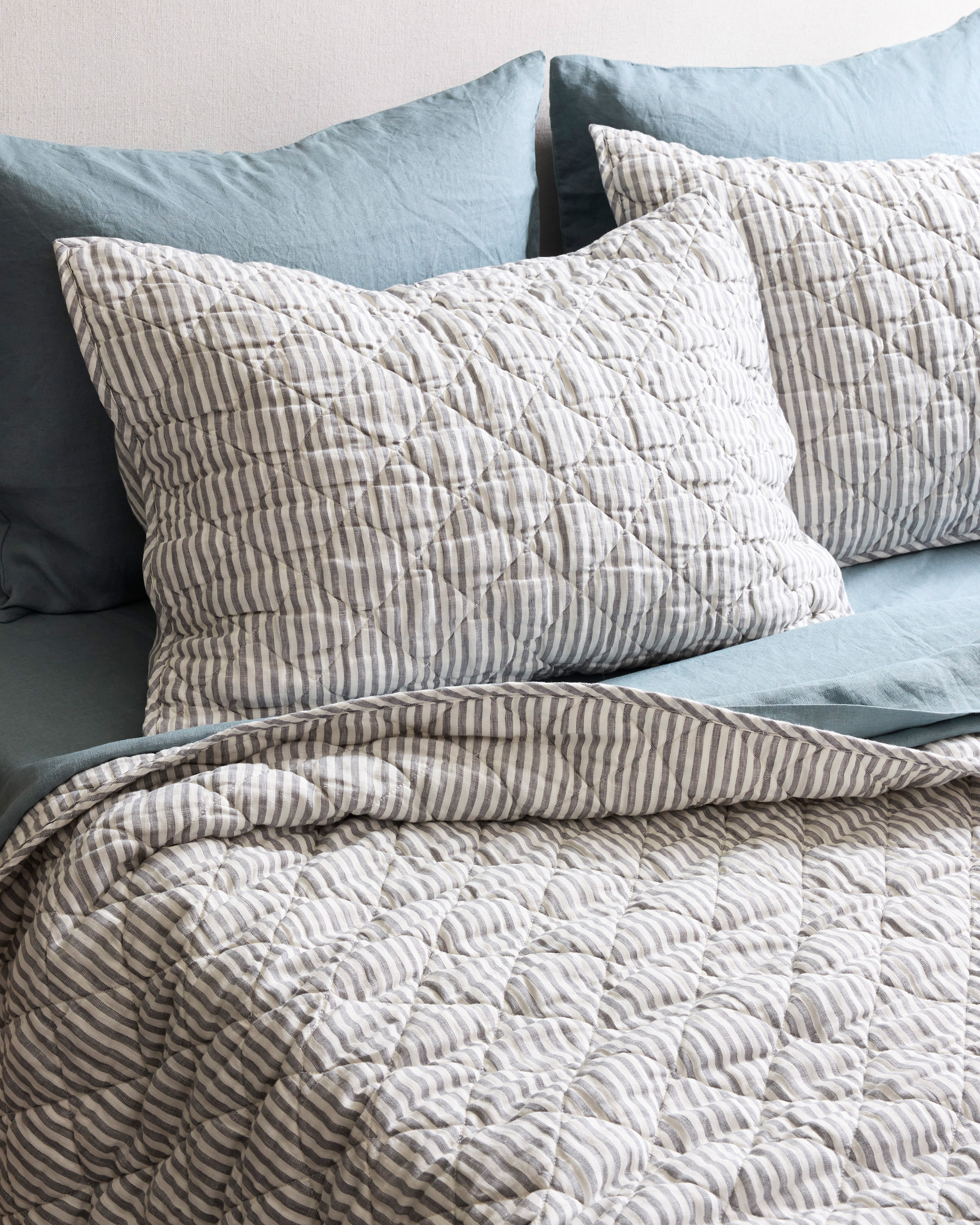 Grey/White Stripe European Linen Stripe Quilted Sham Set 