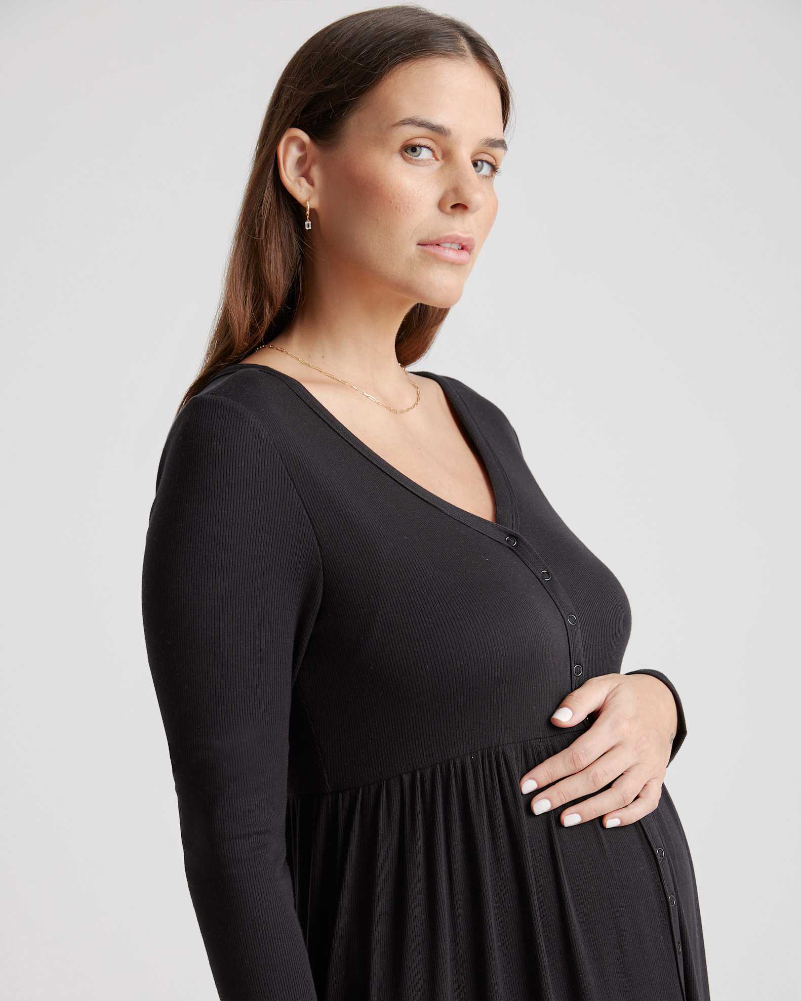 Tencel Rib Maternity & Nursing Button Front Dress in Black Tencel Rib Maternity & Nursing Button Front Dress in Black