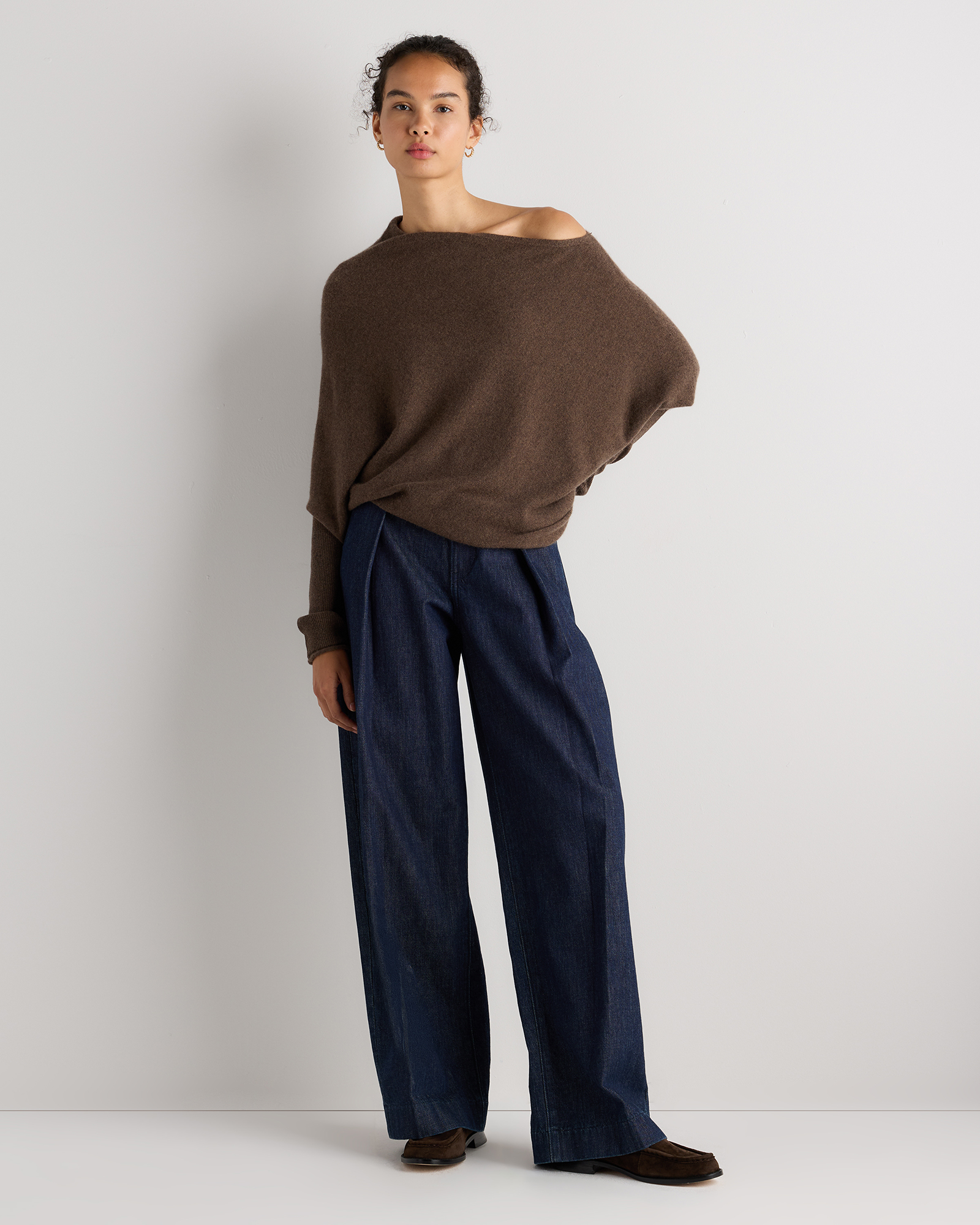 100% Mongolian Cashmere Asymmetric Draped Sweater in Brown