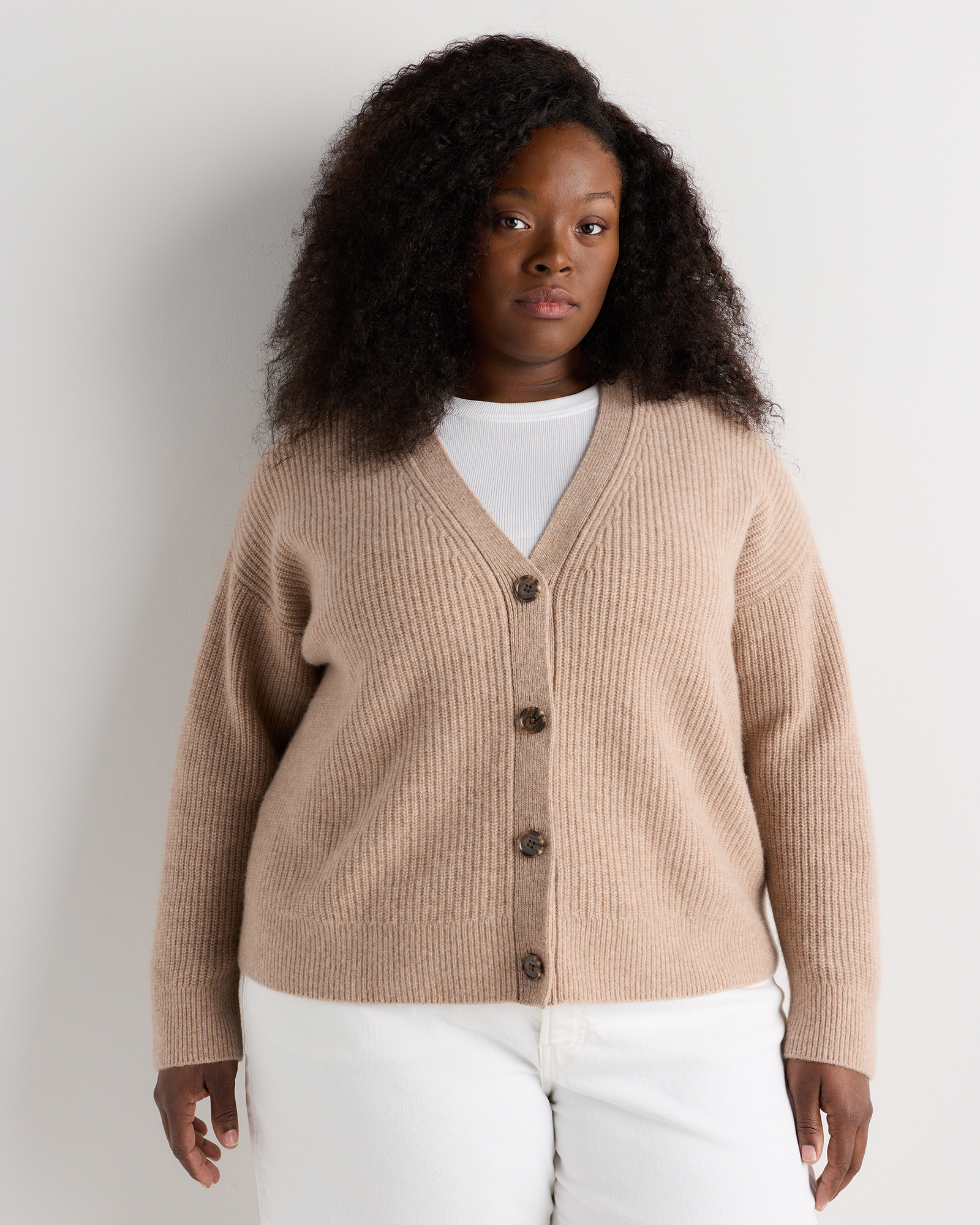 Oatmeal Mongolian Cashmere Fisherman Boxy Cropped Cardigan Sweater
