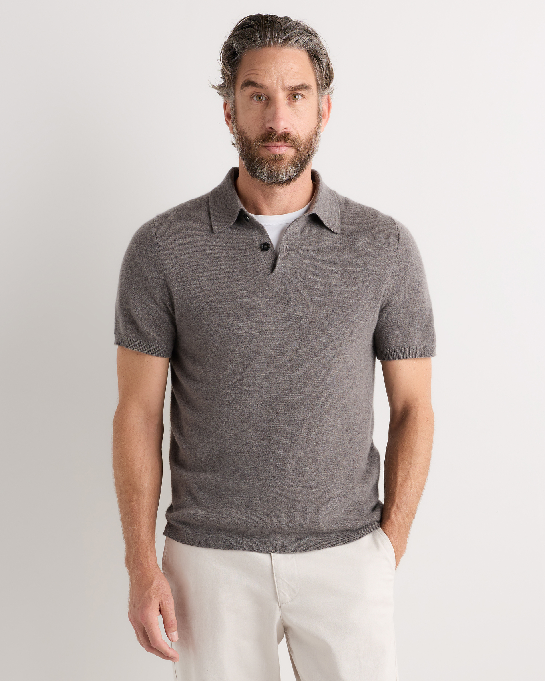 Elk Brown 100% Mongolian Cashmere Short Sleeve Polo Sweater