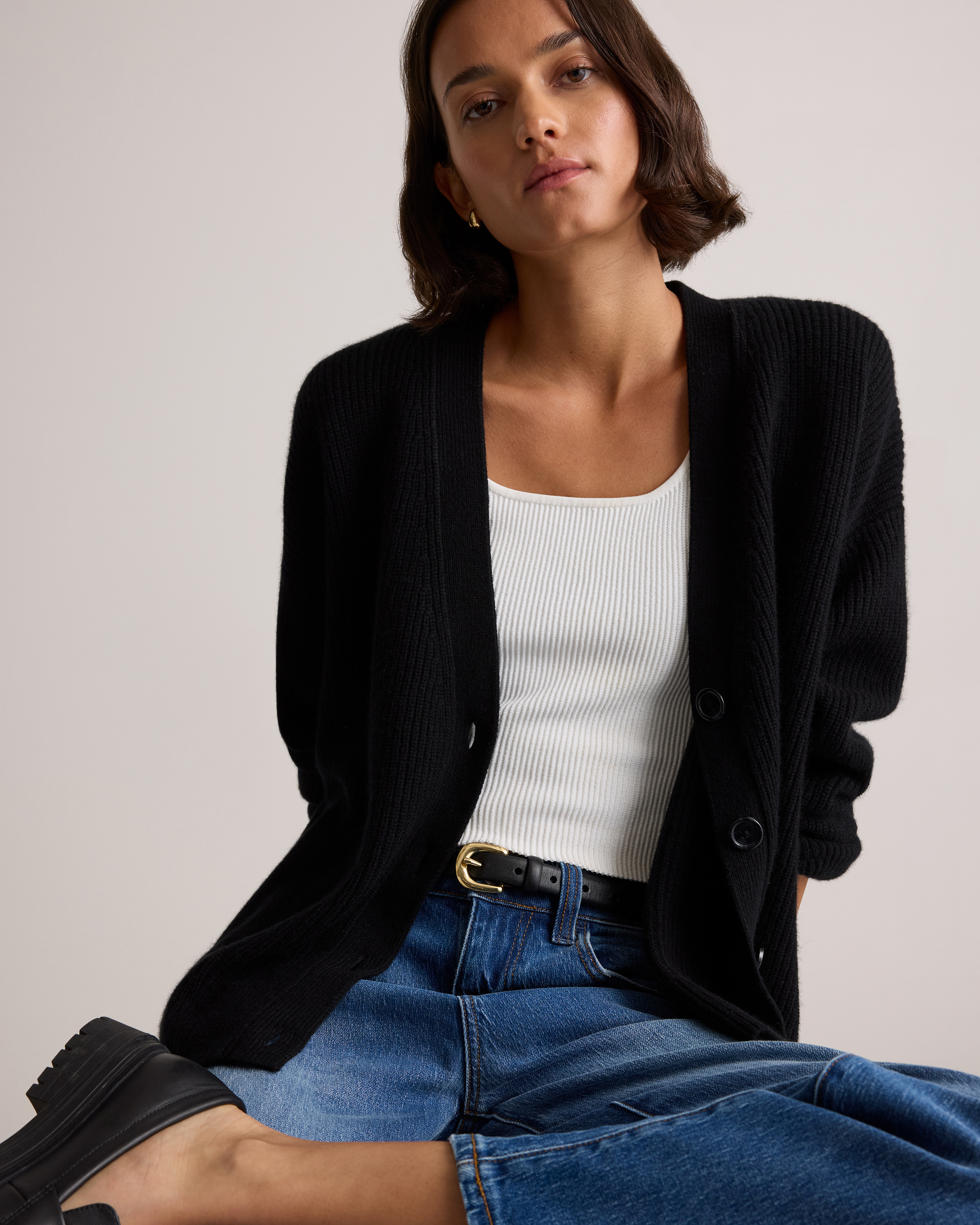 Mongolian Cashmere Fisherman Cropped Boxy Cardigan Sweater in Black
