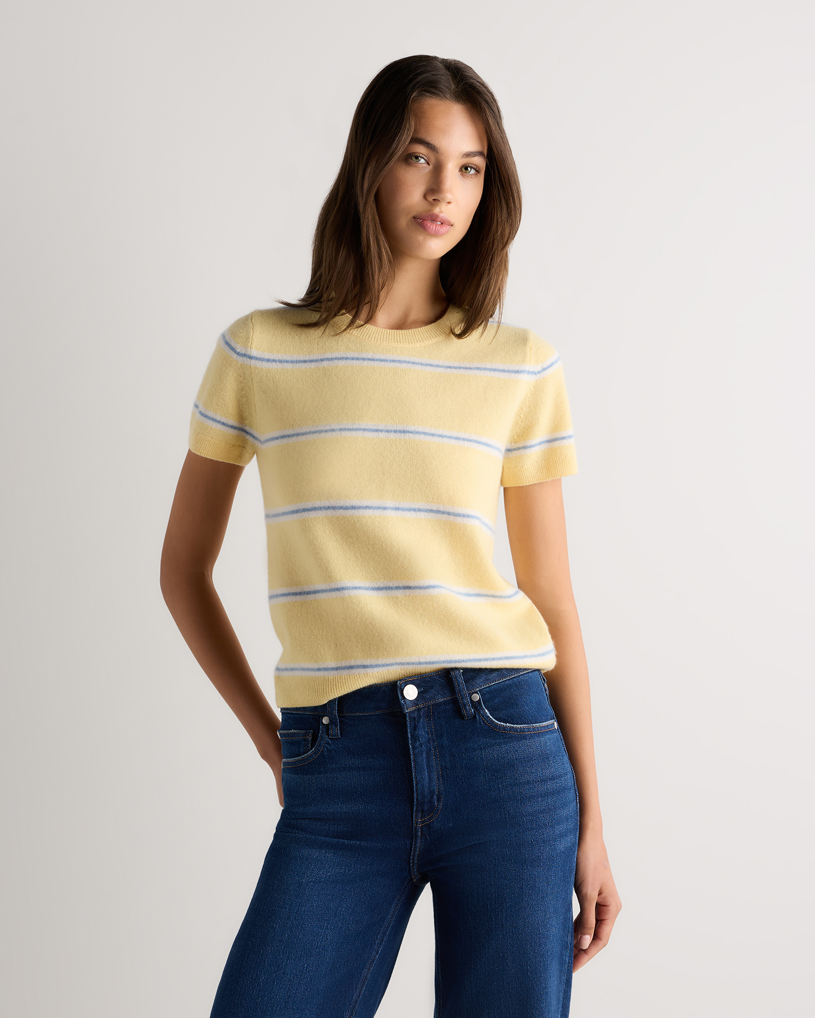 Butter Yellow / Faded Denim Variegated Stripe Mongolian Cashmere Tee