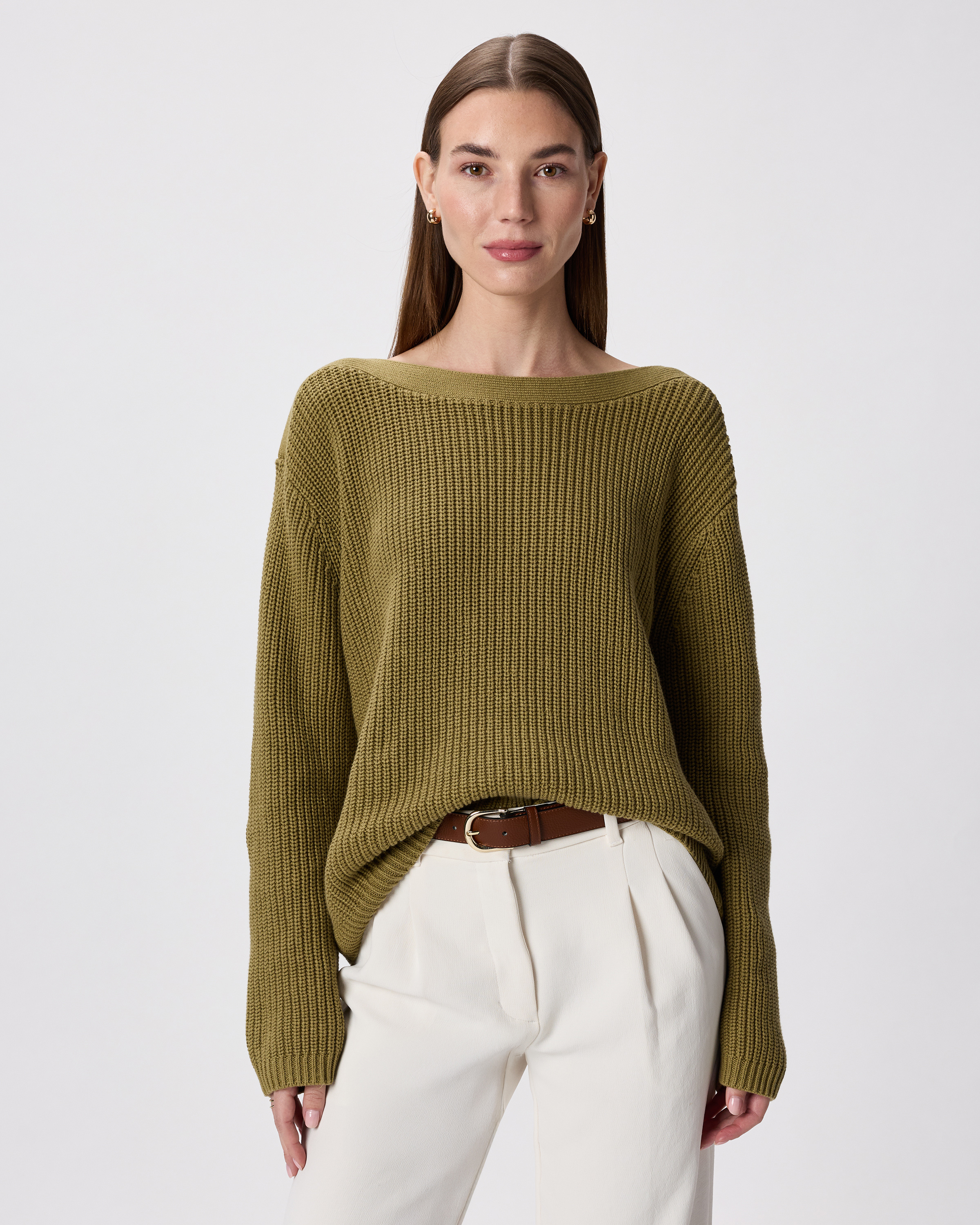 Herb Green Pull style pêcheur en coton biologique à 100 % à col bateau