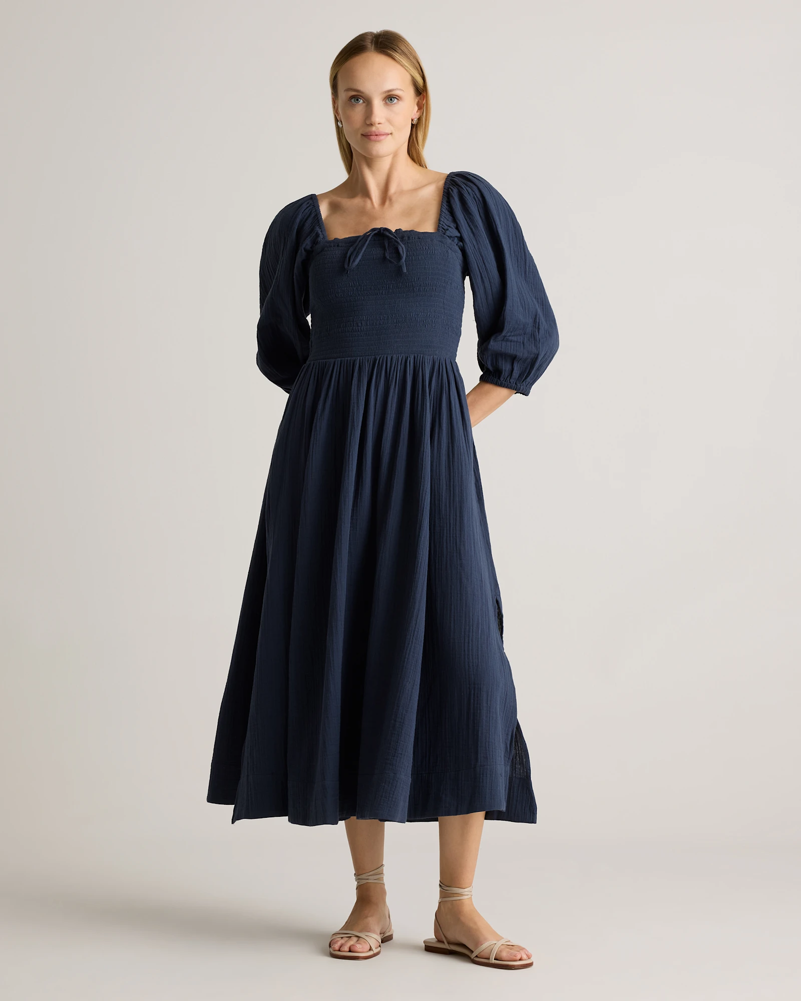 100% Organic Cotton Gauze Smocked Square Neck Midi Dress