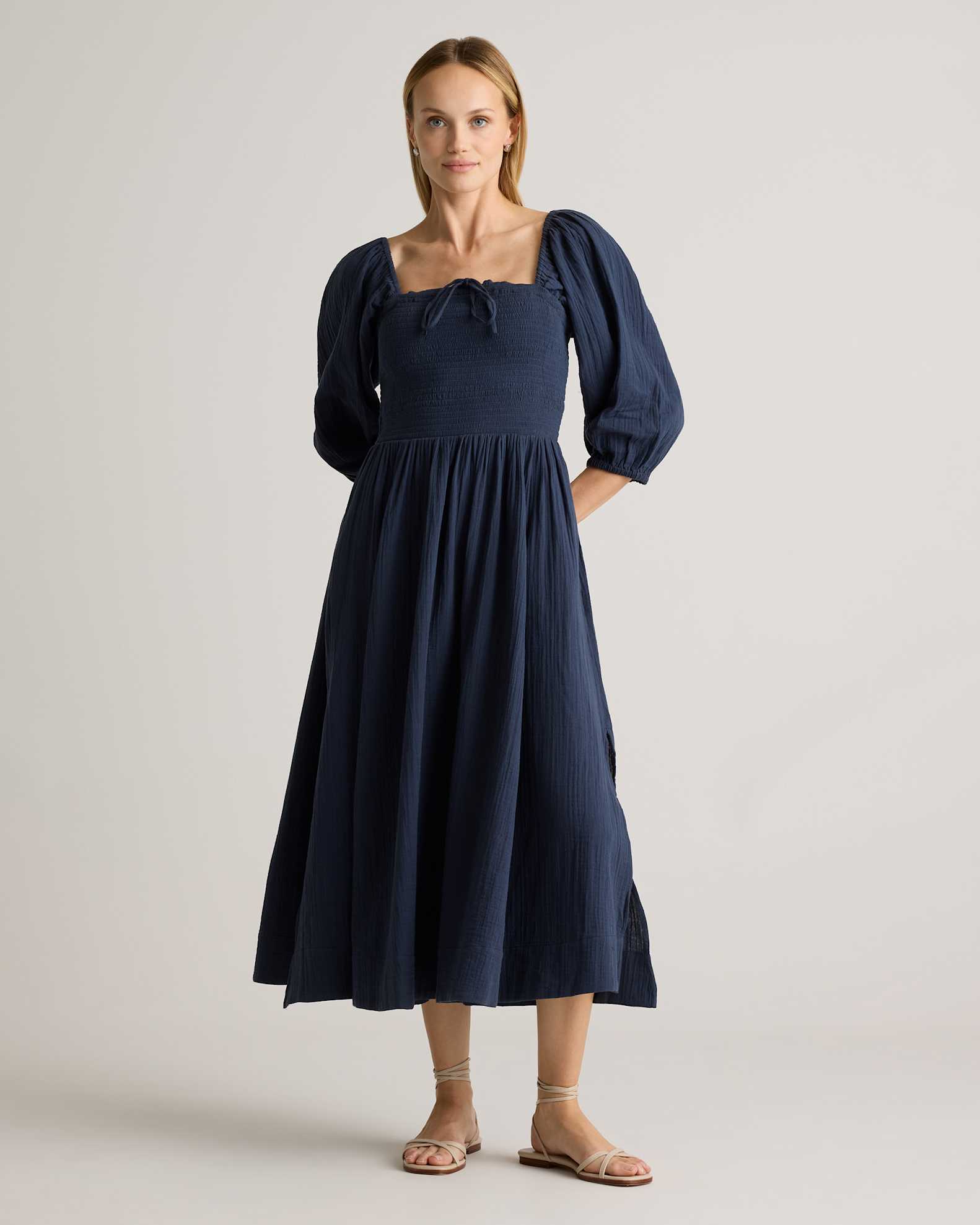 100% Organic Cotton Gauze Smocked Square Neck Midi Dress in Indigo Blue 100% Organic Cotton Gauze Smocked Square Neck Midi Dress in Indigo Blue