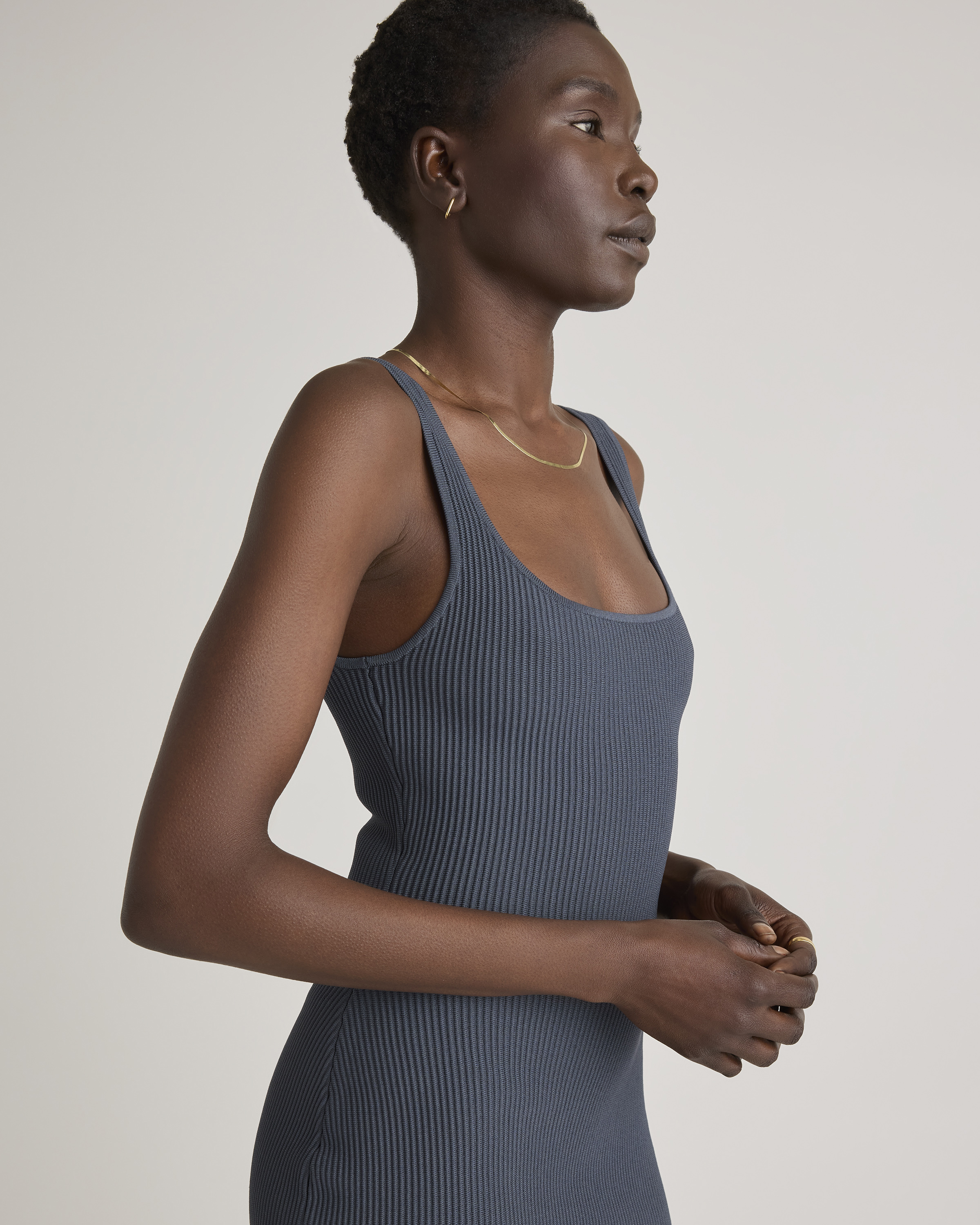 Square Neck Ribbed Knit Mini Dress in Grey