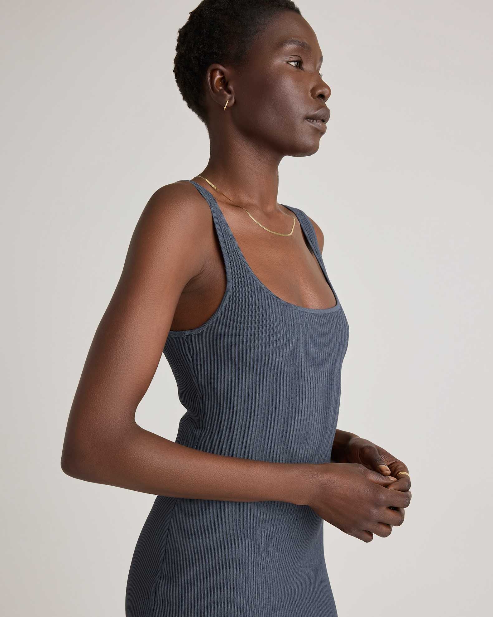 ribbed dress mini Blue Ribbed Knit Mini Dress with V-Neck Halter for Vacation