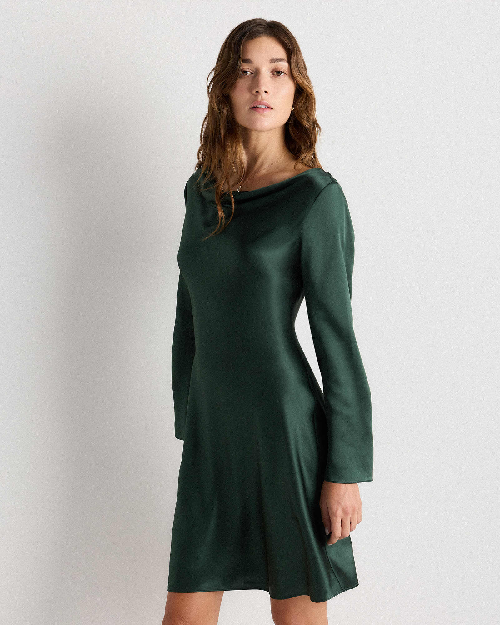 Forest Green 100% Washable Silk Long Sleeve Mini Dress 