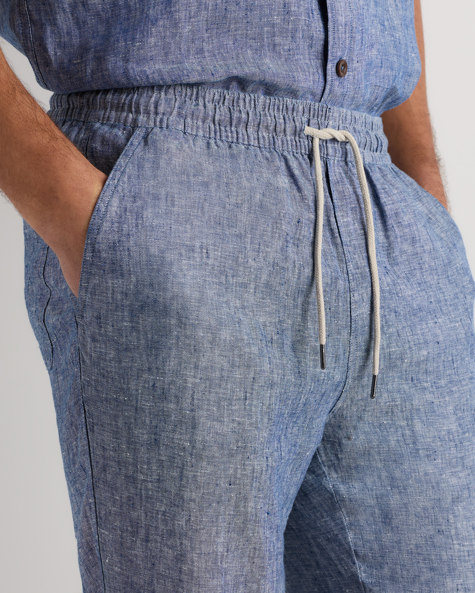 100% European Linen Drawstring Beach Pants in Chambray Blue