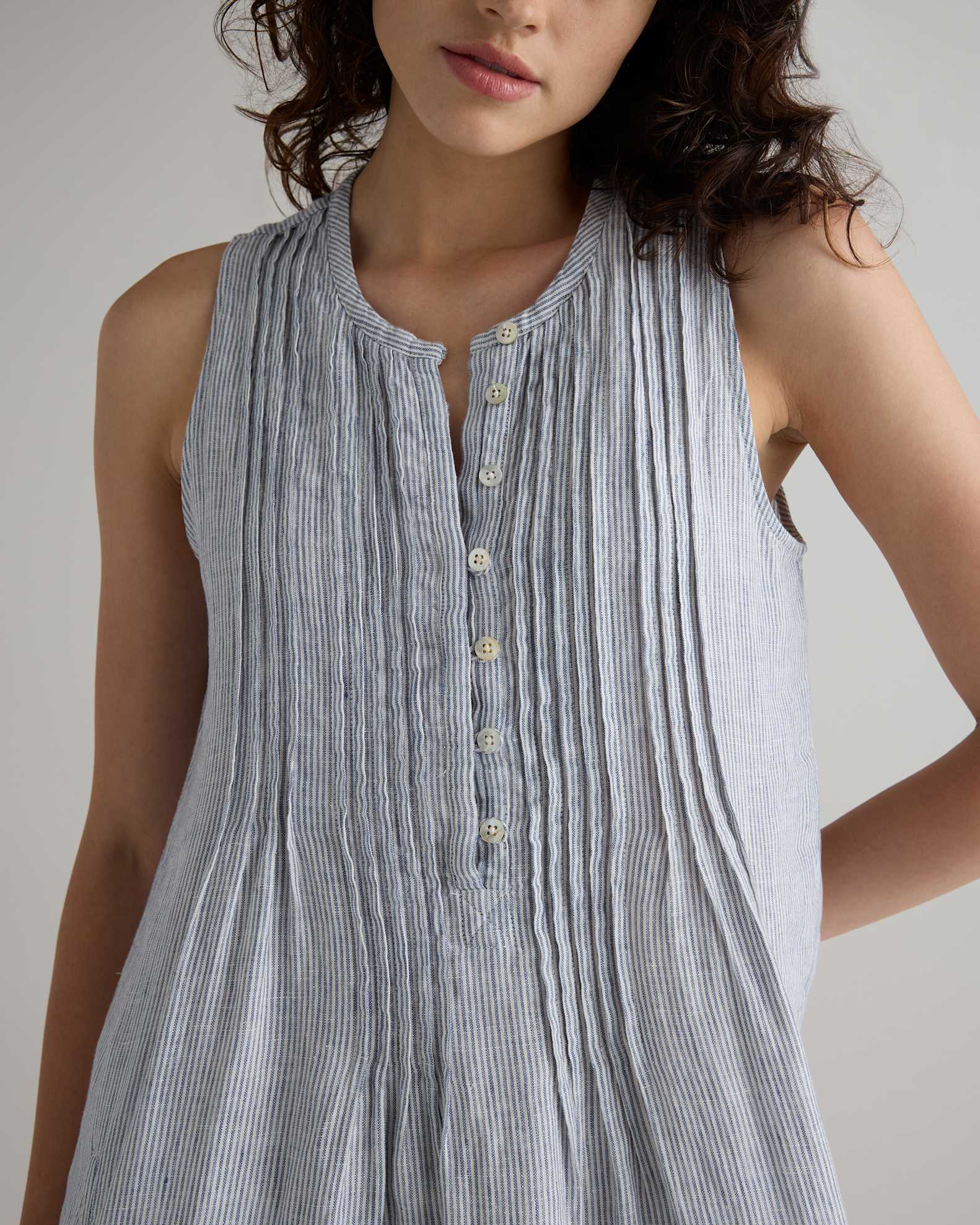 Quince Women's Sleeveless Swing Dress in Blue Pinstripe, Large Size, Made from 100% European Linen Quince Women's Sleeveless Swing Dress in Blue Pinstripe, Large Size, Made from 100% European Linen