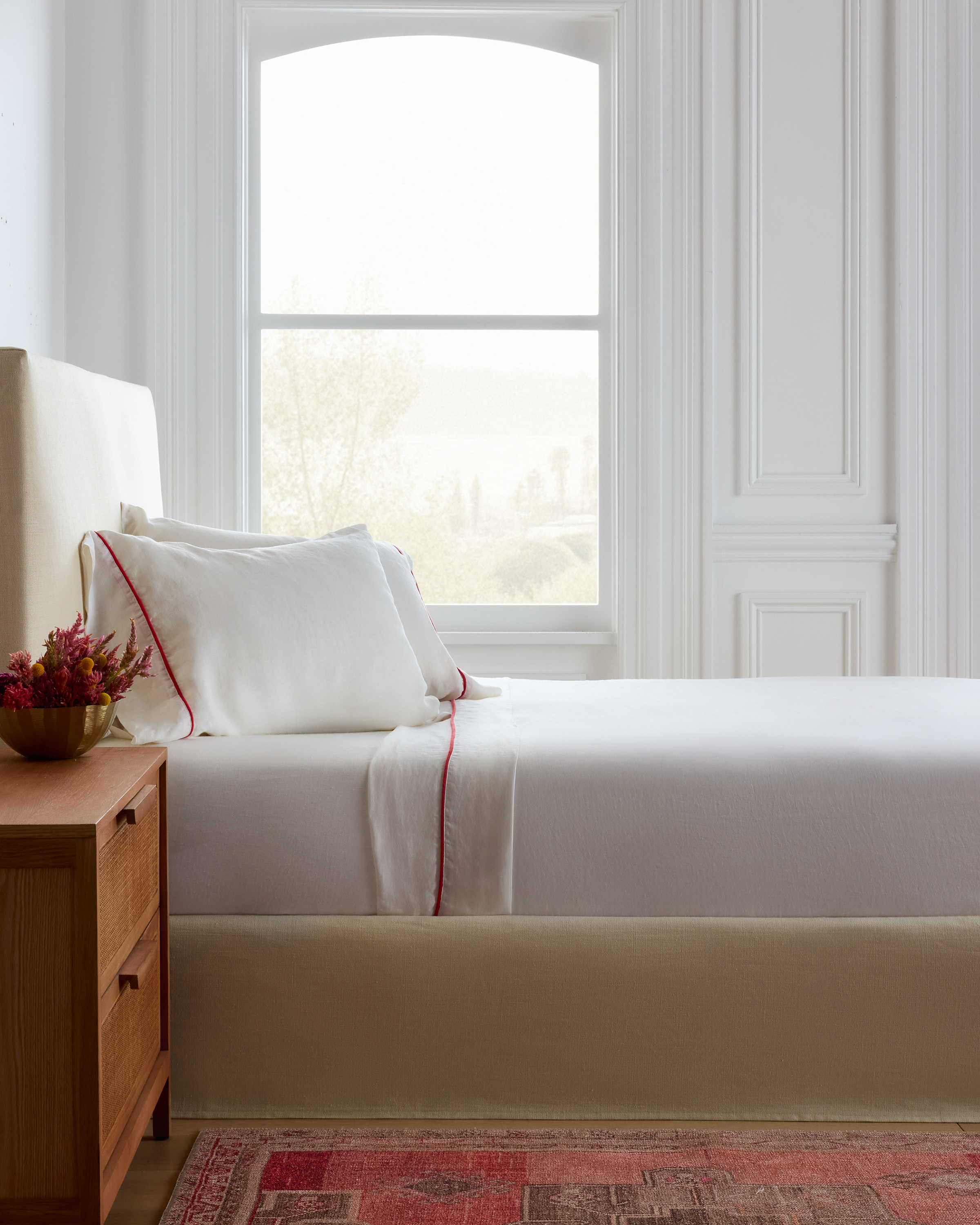 White/Cherry European Linen Piped Sham Set