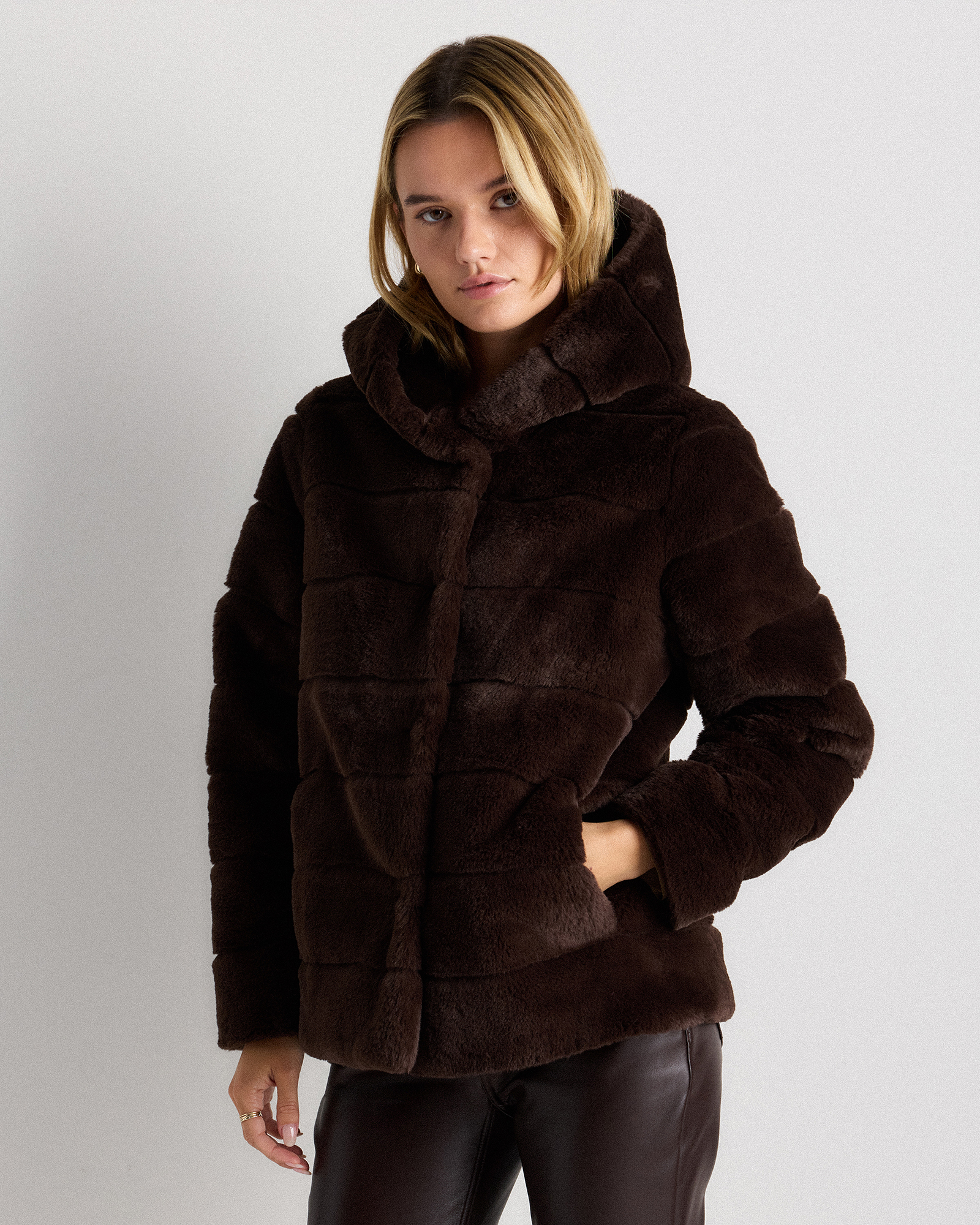 Coffee Bean Brown Hooded Faux Fur Jacket