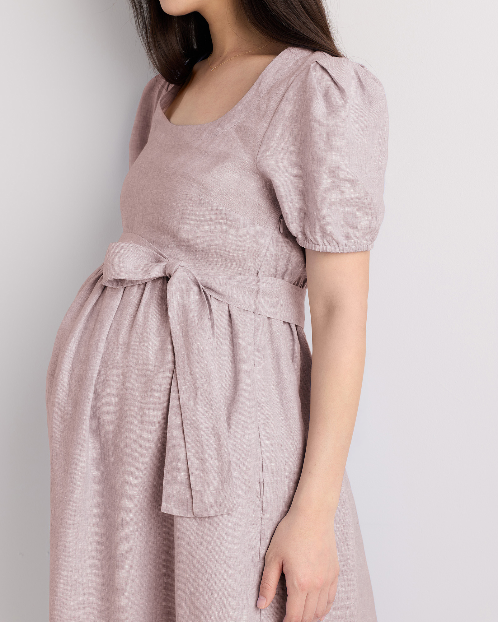 cotton linen maternity dresses PinkBlush Beige Fringe Linen Maternity Dress