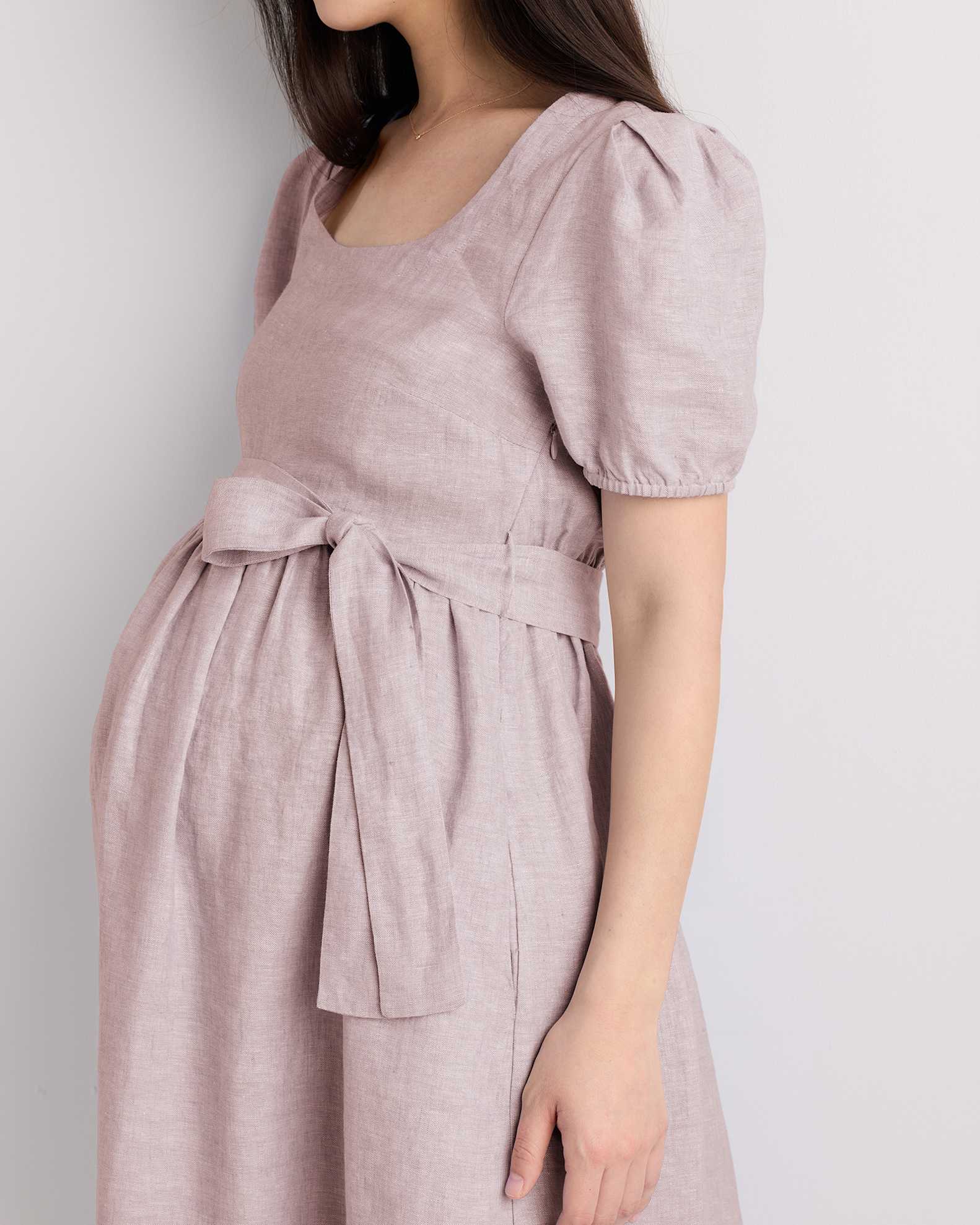 cotton linen maternity dresses PinkBlush Beige Fringe Linen Maternity Dress
