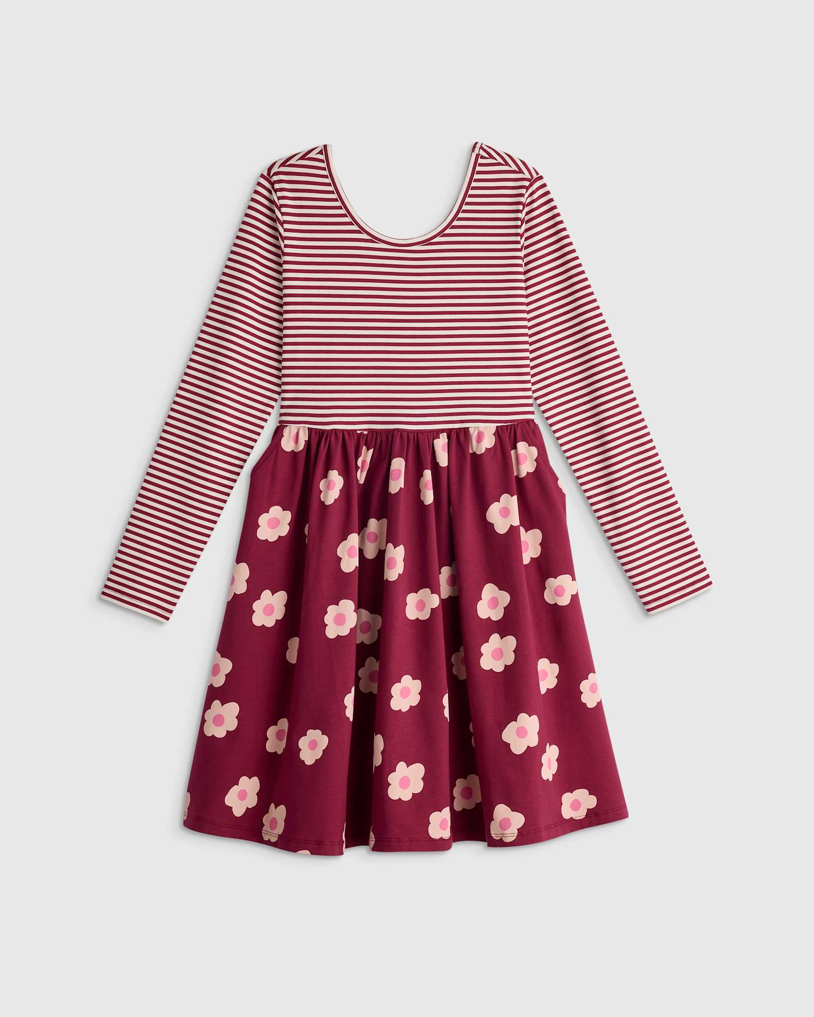 Organic Cotton Long Sleeve Skater Dress - Kid Girl in Dancing Daisy Burgundy Stripe Organic Cotton Long Sleeve Skater Dress - Kid Girl in Dancing Daisy Burgundy Stripe