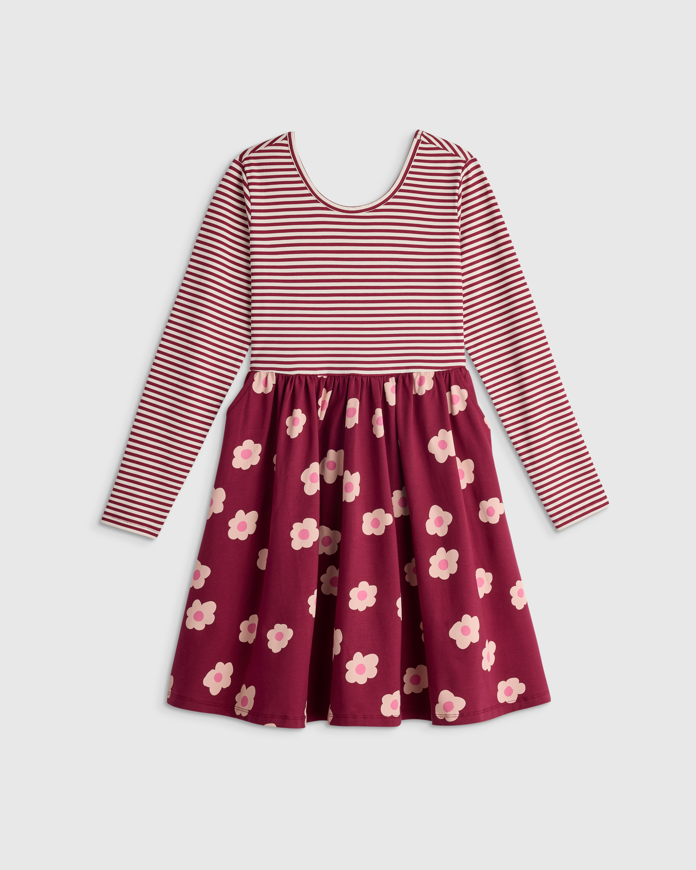 U--371 KID Organic Cotton Long Sleeve Skater Dress - Kid Girl Dancing Daisy Burgundy Stripe 15955 CROPPED