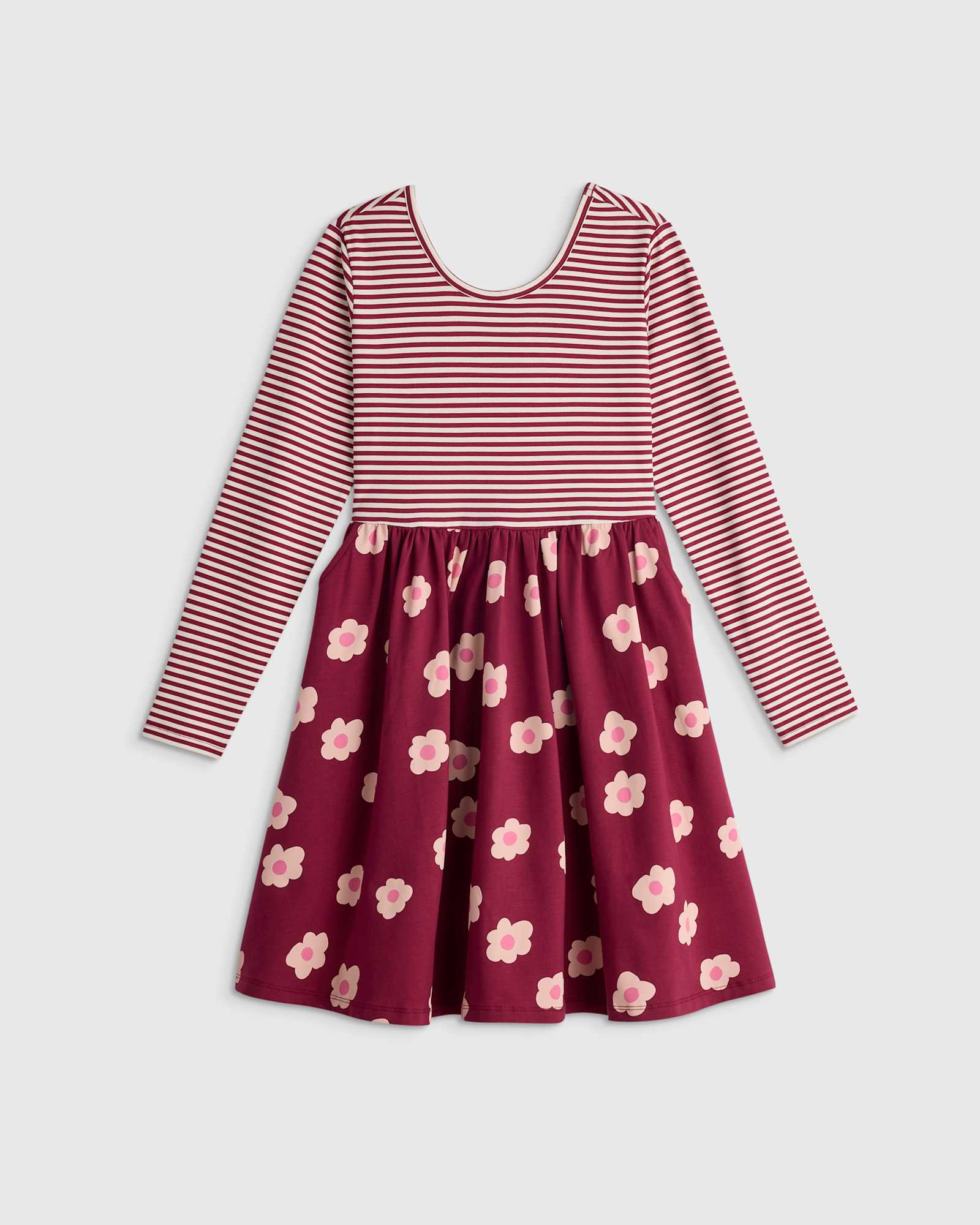 U--371 KID Organic Cotton Long Sleeve Skater Dress - Kid Girl Dancing Daisy Burgundy Stripe 15955 CROPPED