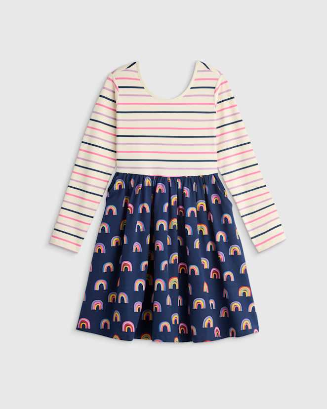 U--371 KID Organic Cotton Long Sleeve Skater Dress - Kid Girl Multi Stripe Rainbows 16183 CROPPED