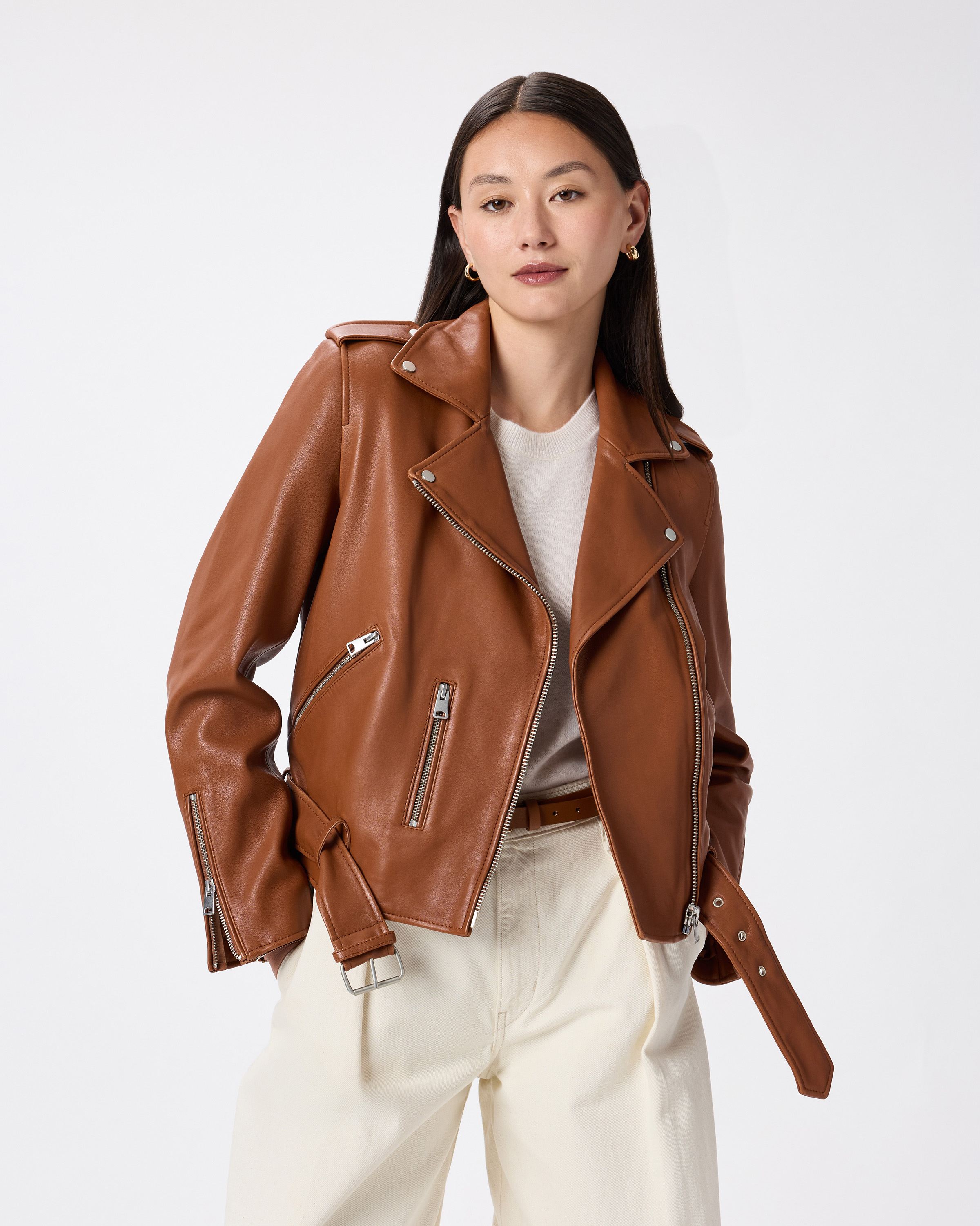 100% Leather Cropped Zip-Front Jacket