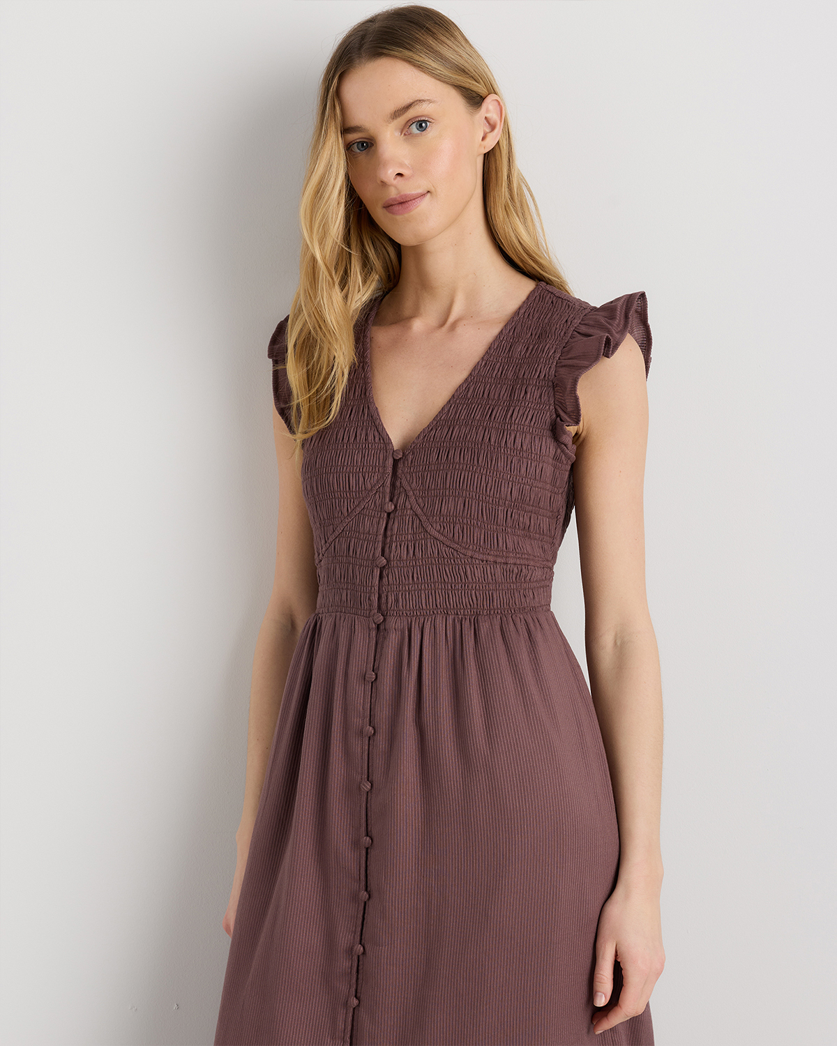 Organic Textured Cotton Smocked V-neck Midi Dress