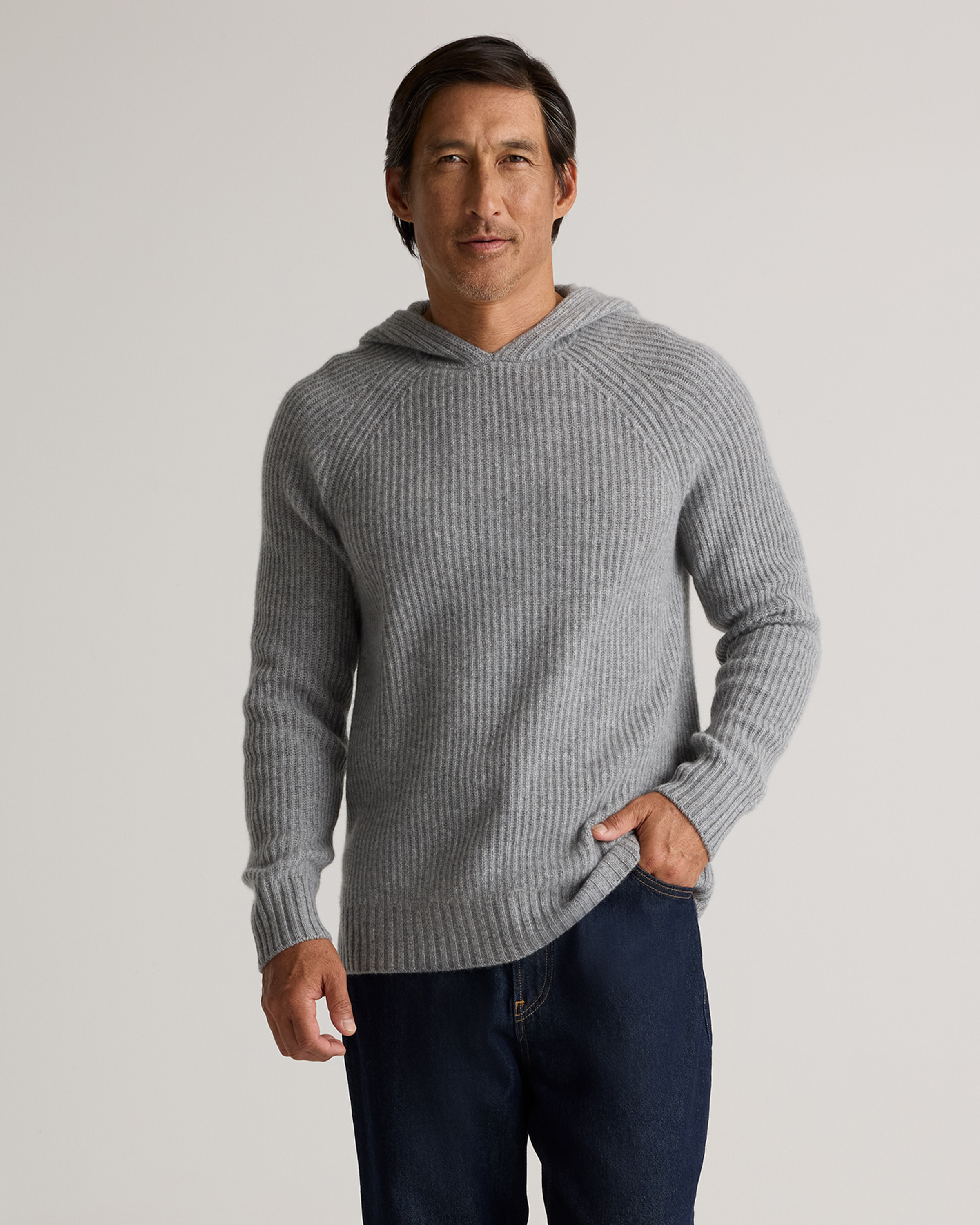 Heather Grey Pull à capuche style pêcheur en cachemire de Mongolie