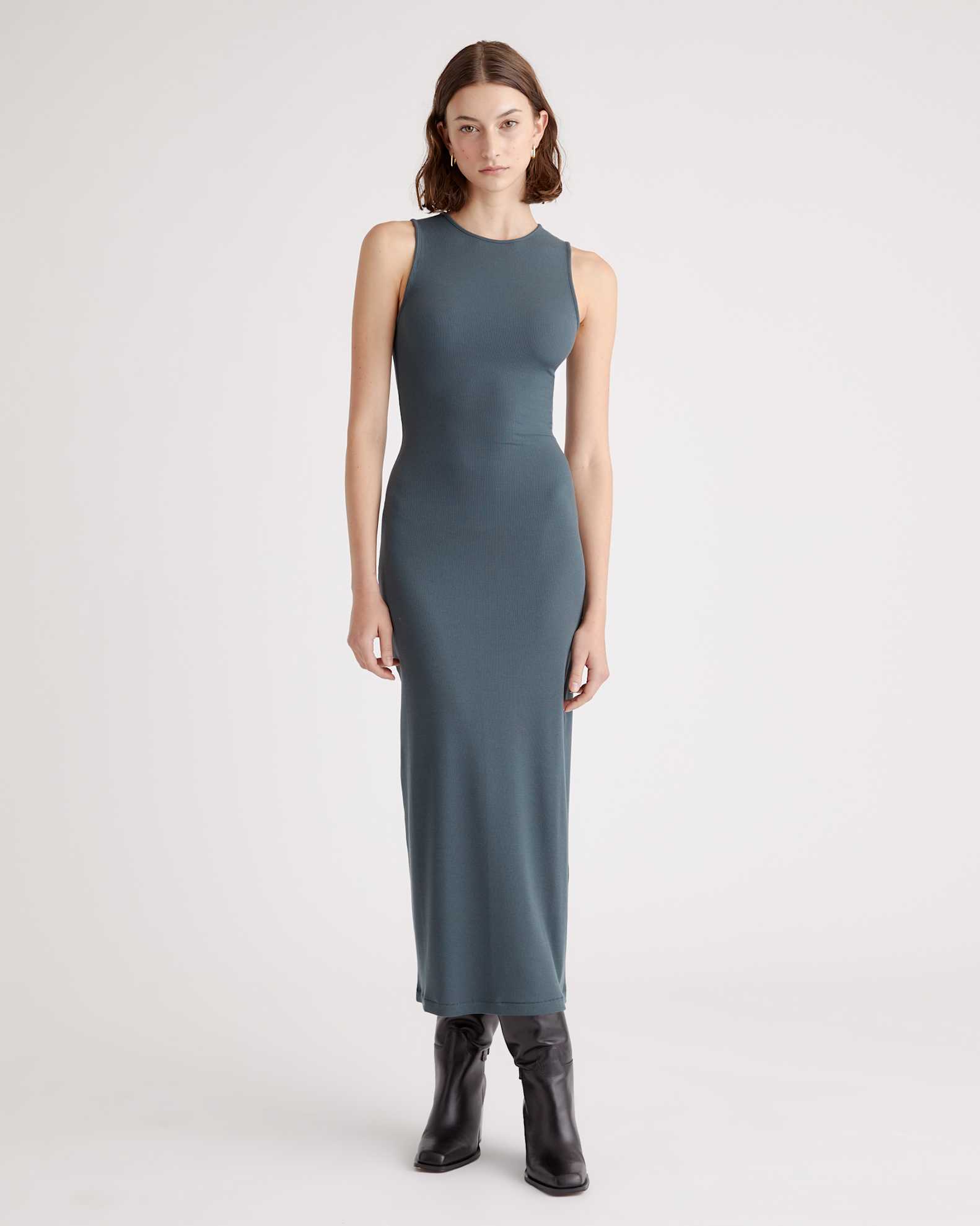 Quince Women's Rib Knit Midi Dress, Dark Olive, Size Large - Soft, Stretchy, Slimming Tencel Material Quince Women's Rib Knit Midi Dress, Dark Olive, Size Large - Soft, Stretchy, Slimming Tencel Material