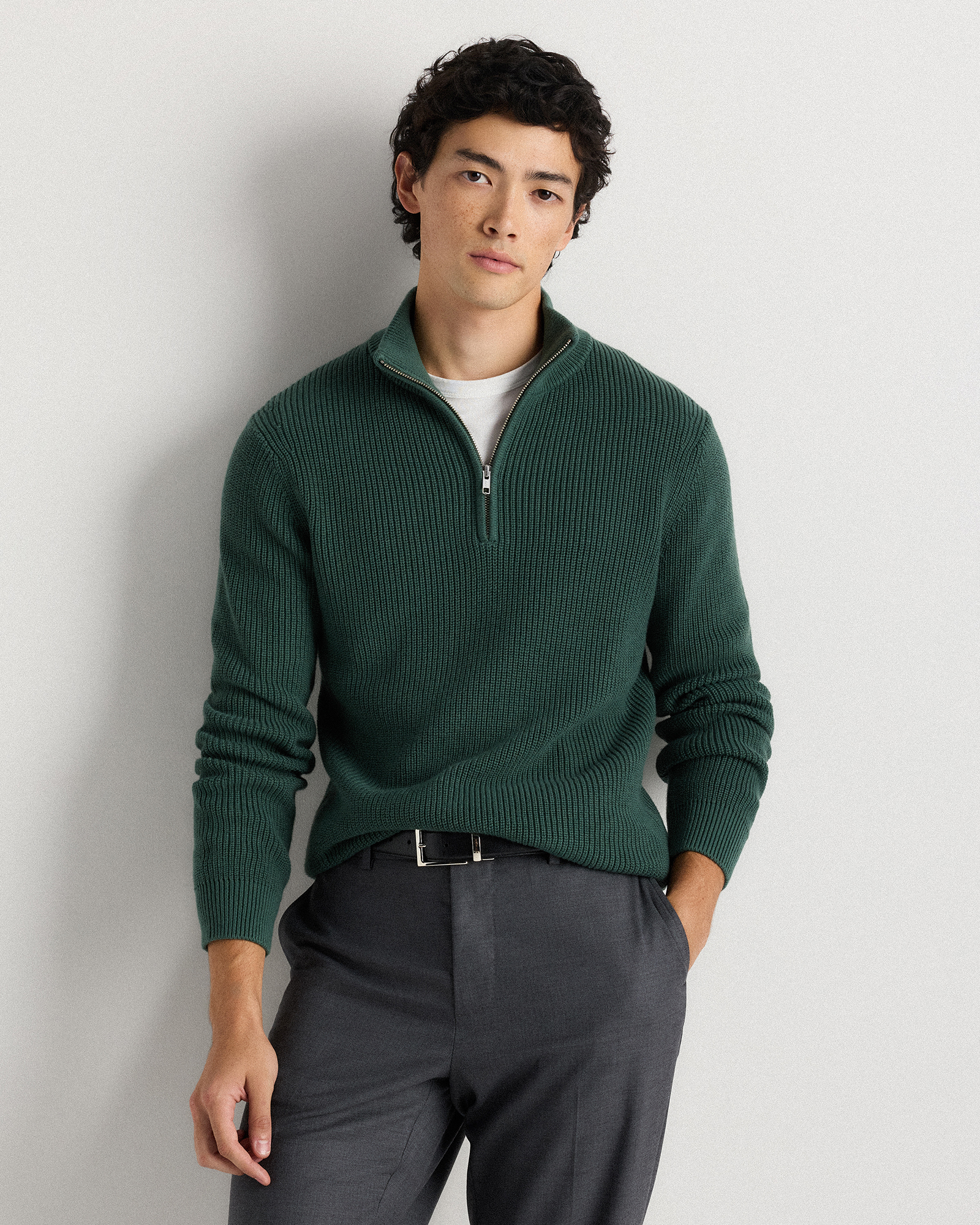 Big Sur Green 100% Organic Cotton Ribbed Quarter-Zip Sweater