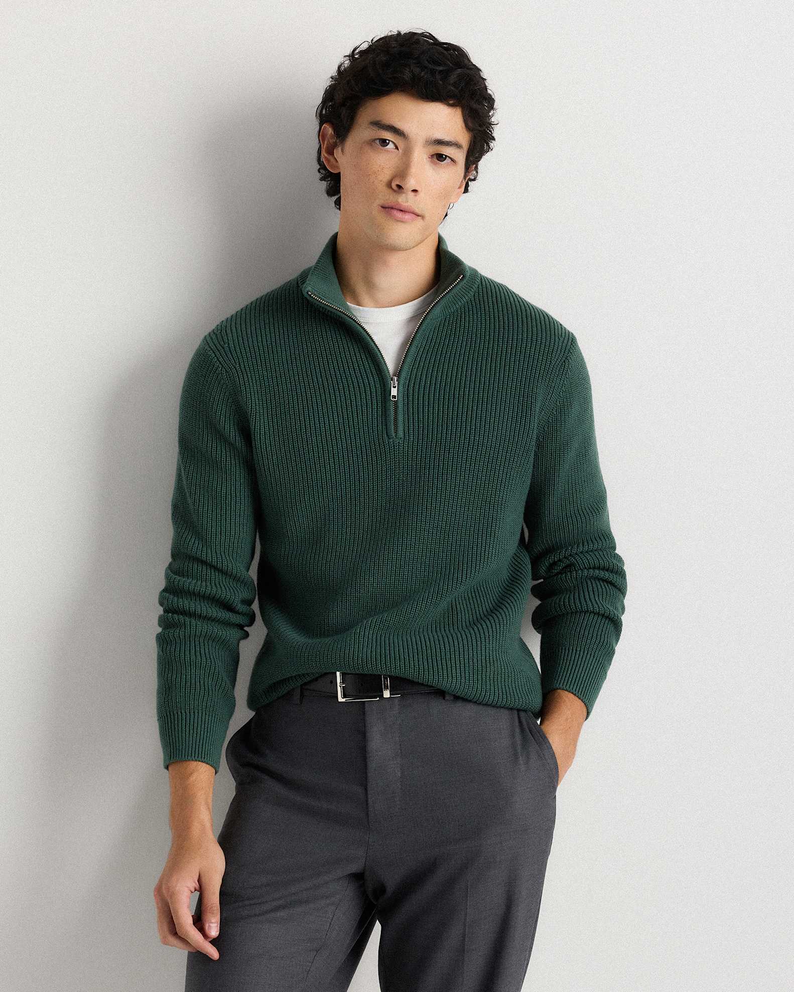 Men's Ribbed Quarter-Zip Sweater in Big Sur Green, Size Large, Organic Cotton by Quince Men's Ribbed Quarter-Zip Sweater in Big Sur Green, Size Large, Organic Cotton by Quince