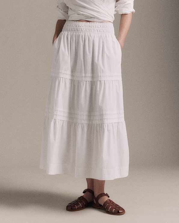 Classic White 100% Organic Cotton Poplin Tiered Maxi Skirt