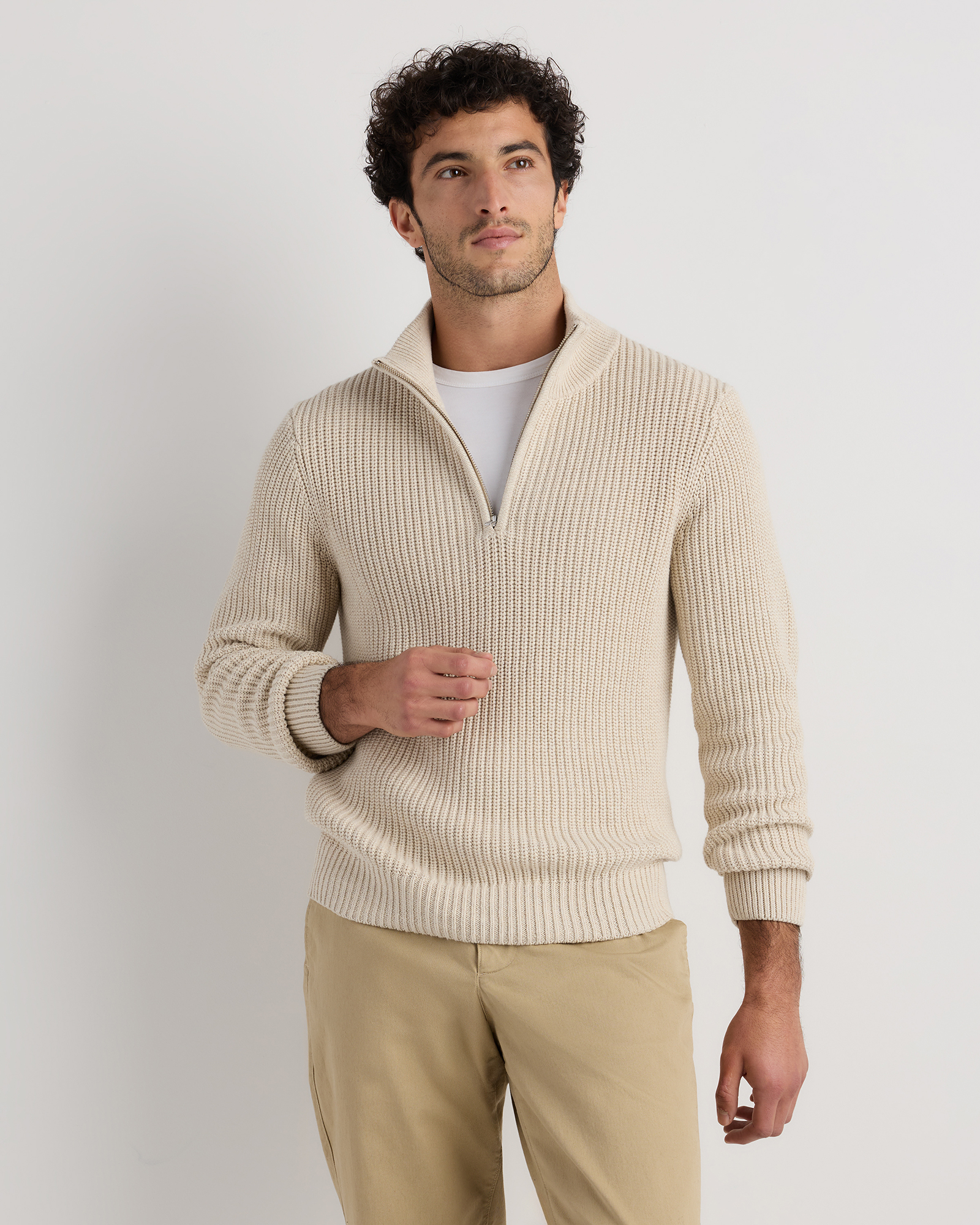 Speckled Beige 100% Organic Cotton Fisherman Quarter-Zip Sweater