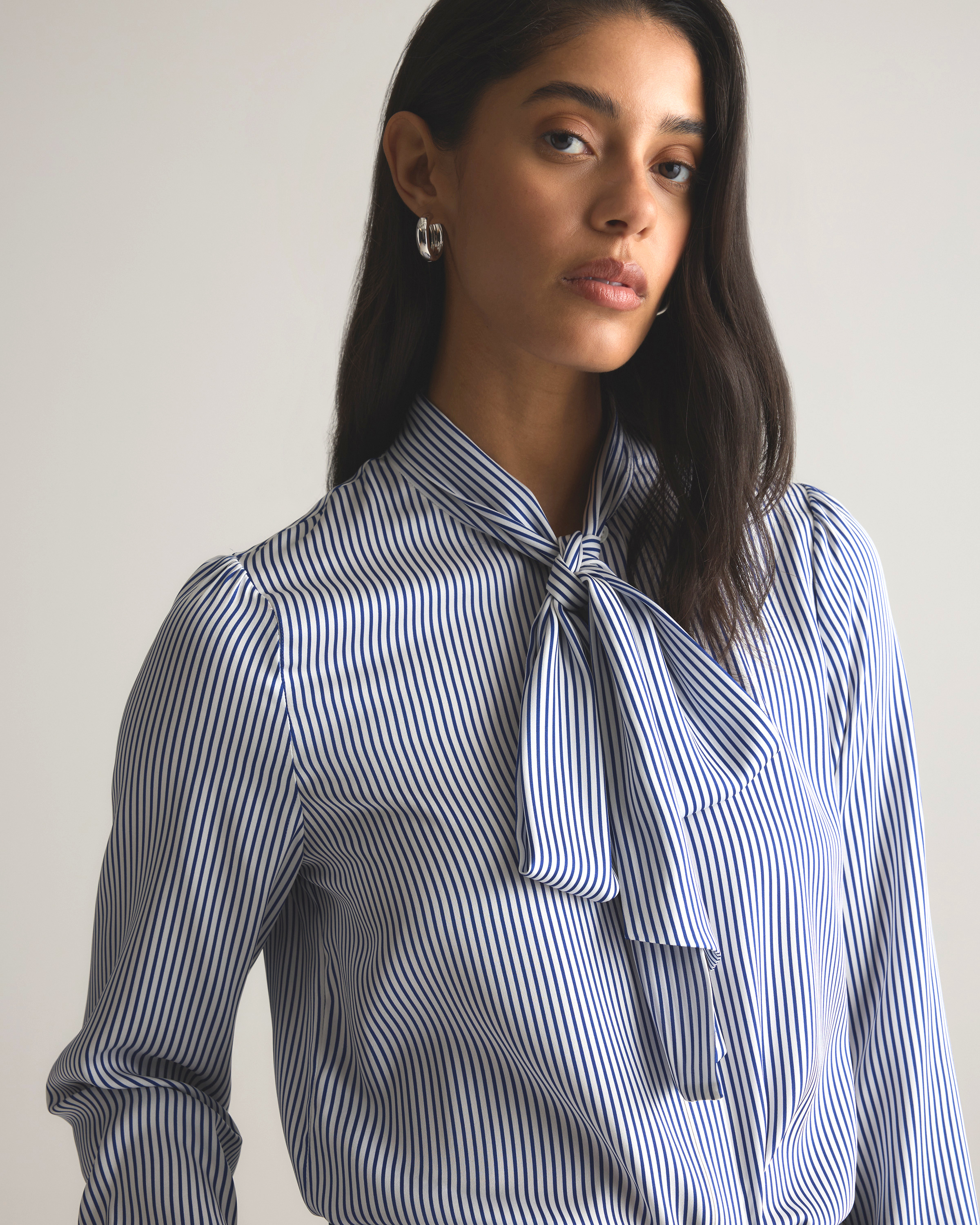 Washable Stretch Silk Tie Neck Blouse