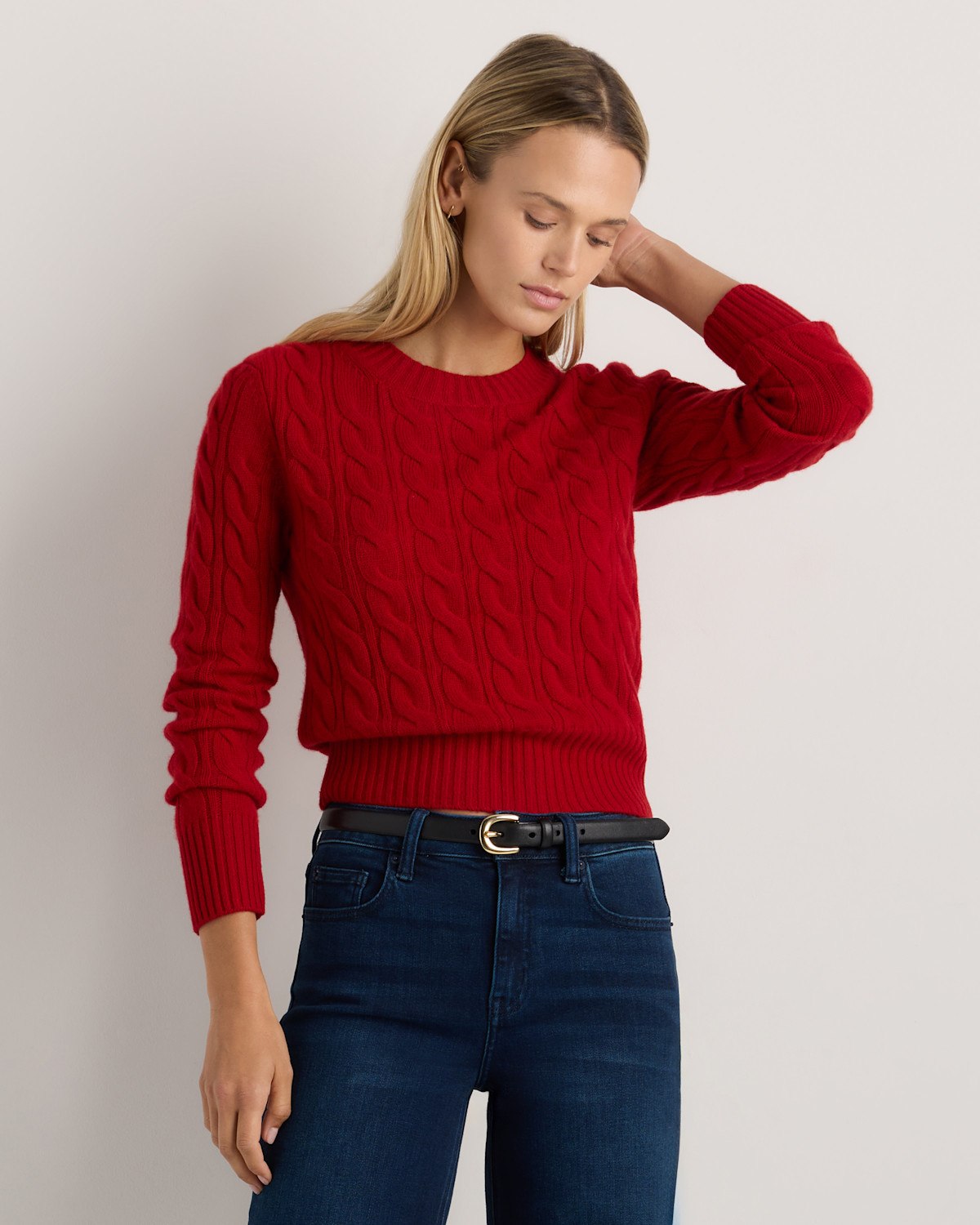 Quince Mongolian Cashmere Shrunken Cable Crewneck Sweater in Varsity Red