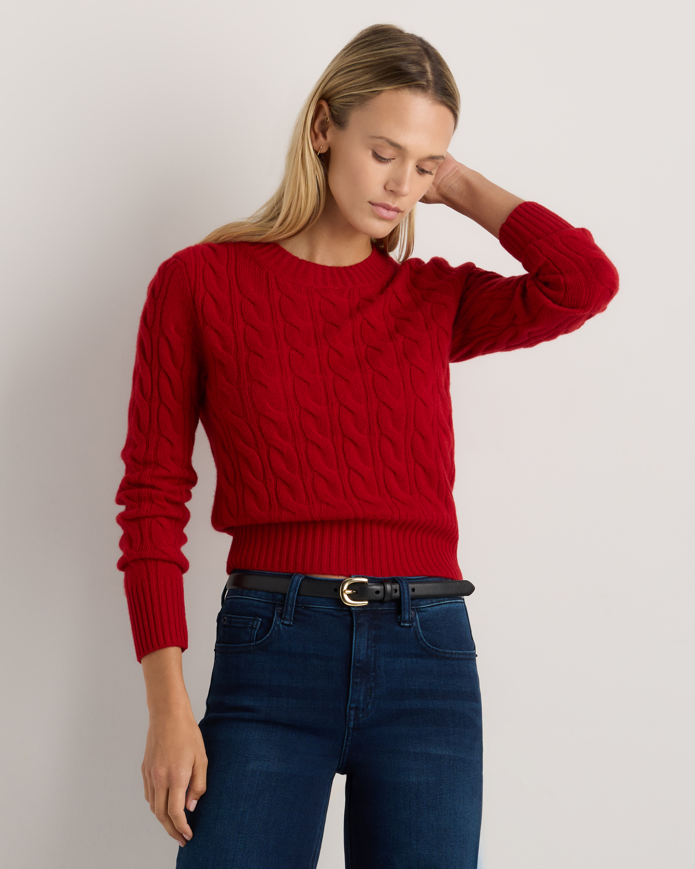 Varsity Red Mongolian Cashmere Shrunken Cable Crewneck Sweater