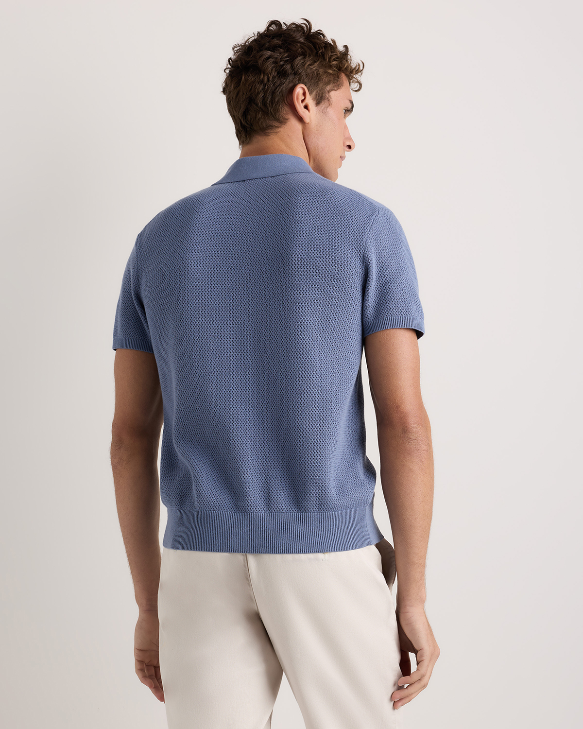 Button Down Knit Polo Mサイズ 100% Organic Cotton Mesh-Stitch Button-Up Sweater Polo in