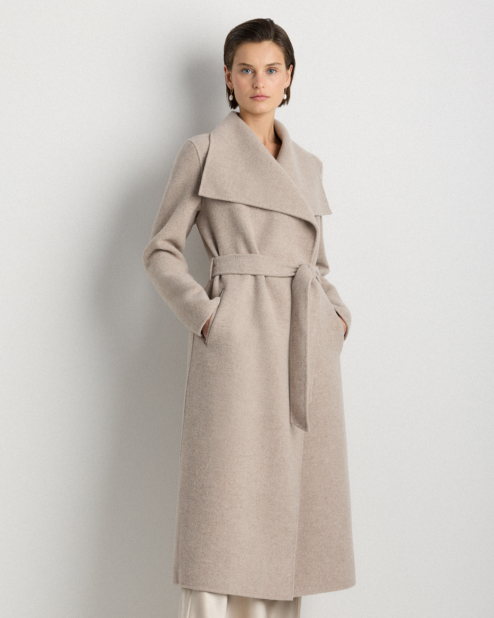 Oat Double-Faced Merino Wool Draped Collar Wrap Coat