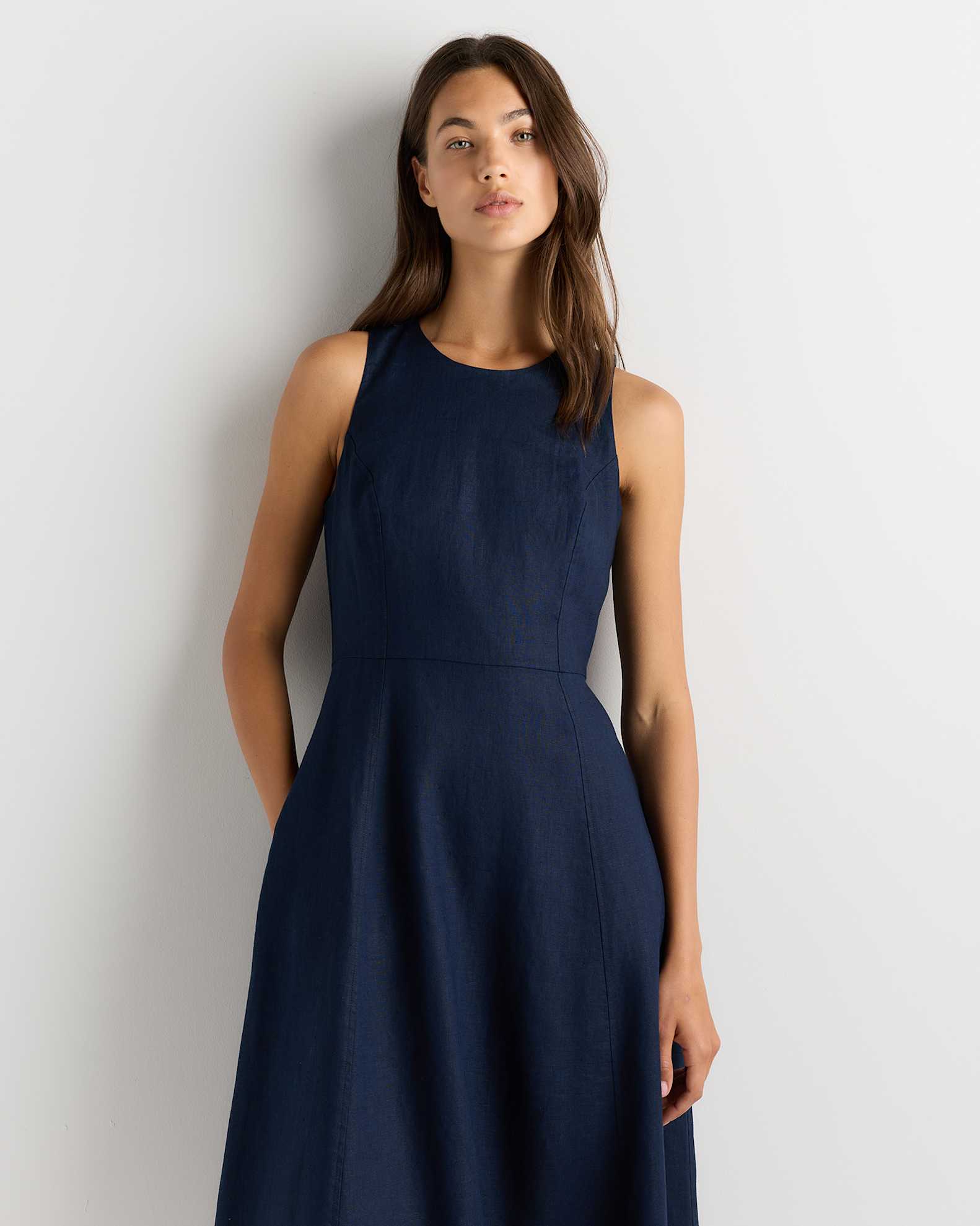 100% European Linen High Neck Dress in Deep Navy 100% European Linen High Neck Dress in Deep Navy
