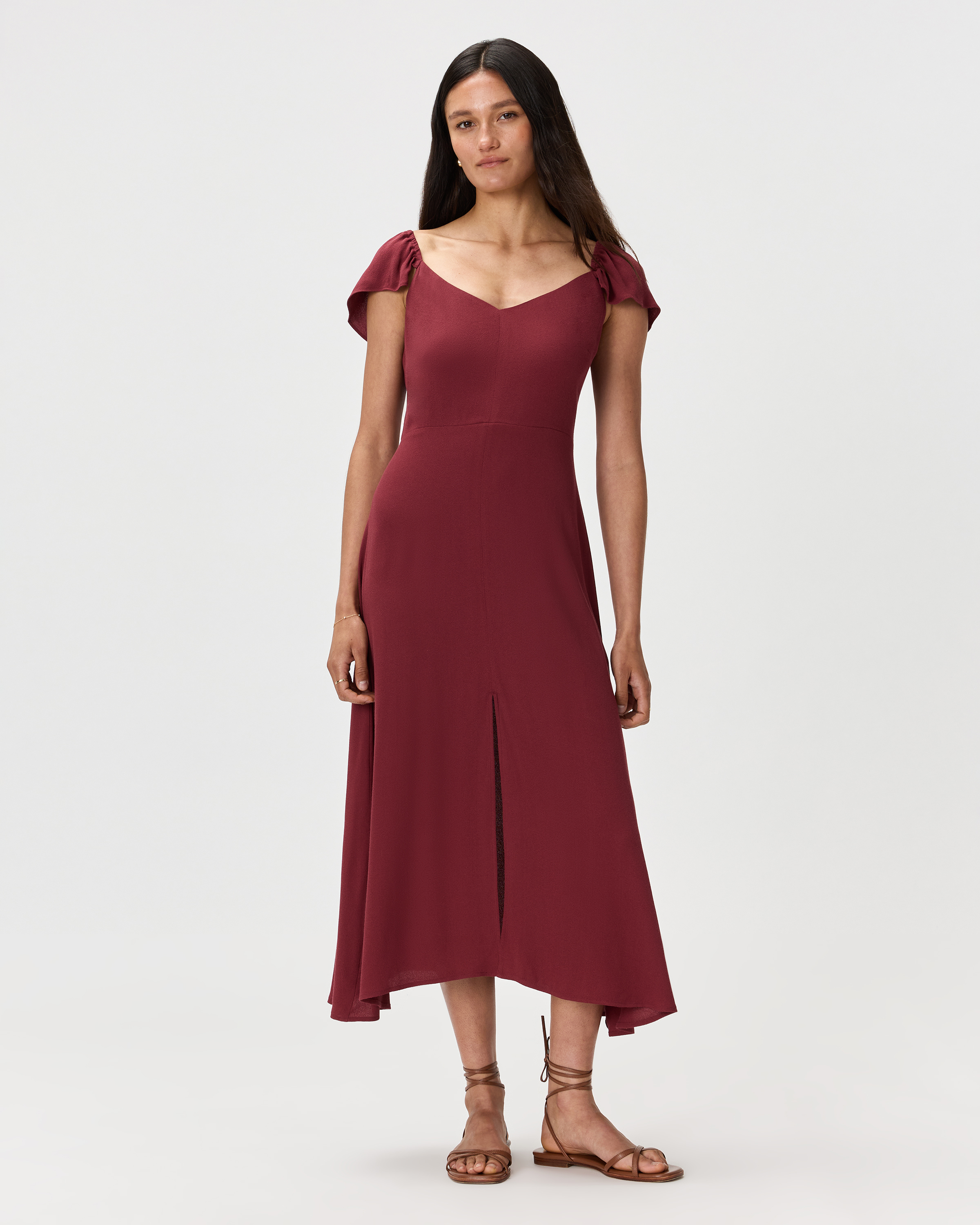 Maroon Lightweight Crepe Flutter Sleeve Midi Dress