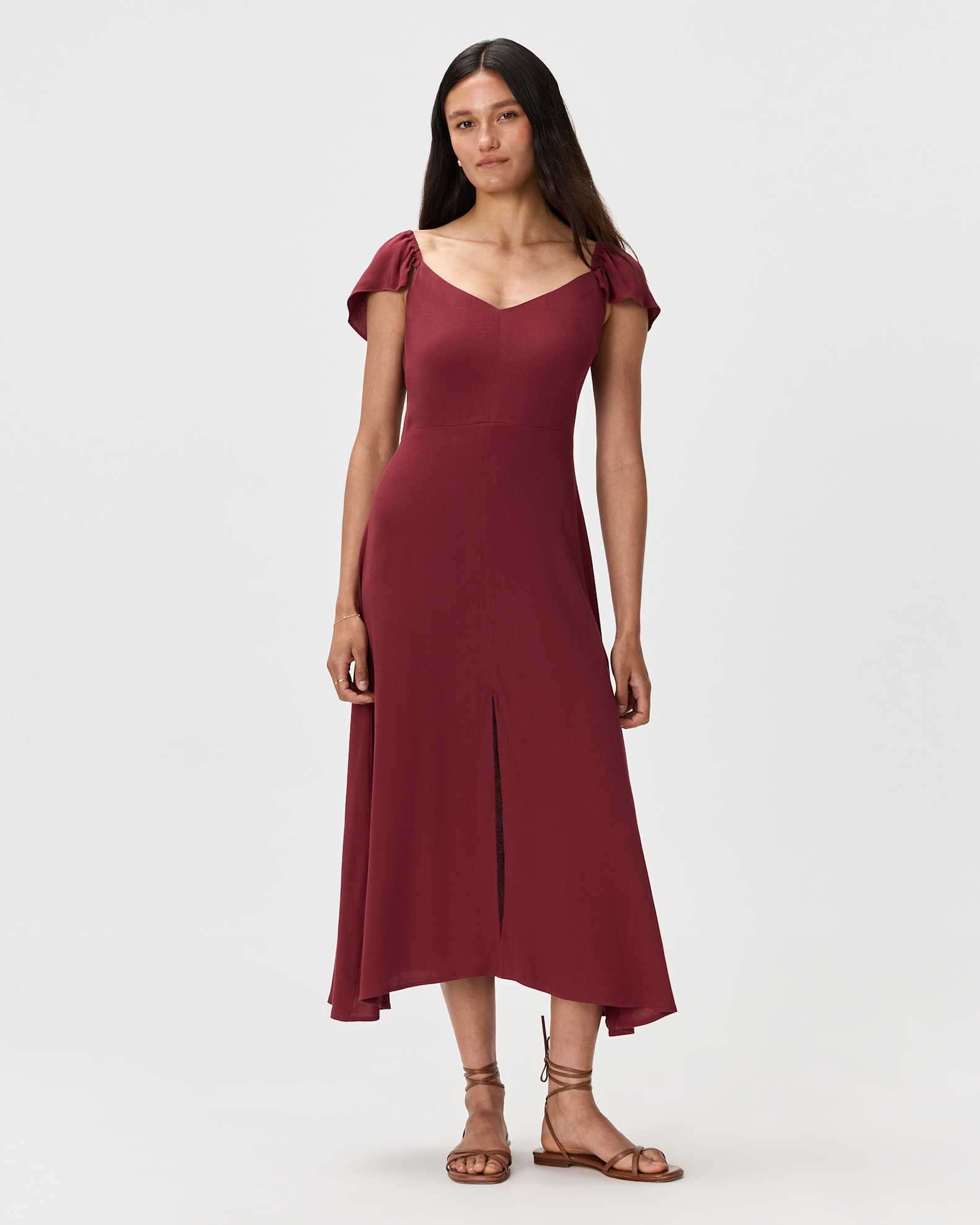 Women's Lightweight Crepe Flutter Sleeve Midi Dress in Maroon, Size Small, Viscose by Quince Women's Lightweight Crepe Flutter Sleeve Midi Dress in Maroon, Size Small, Viscose by Quince