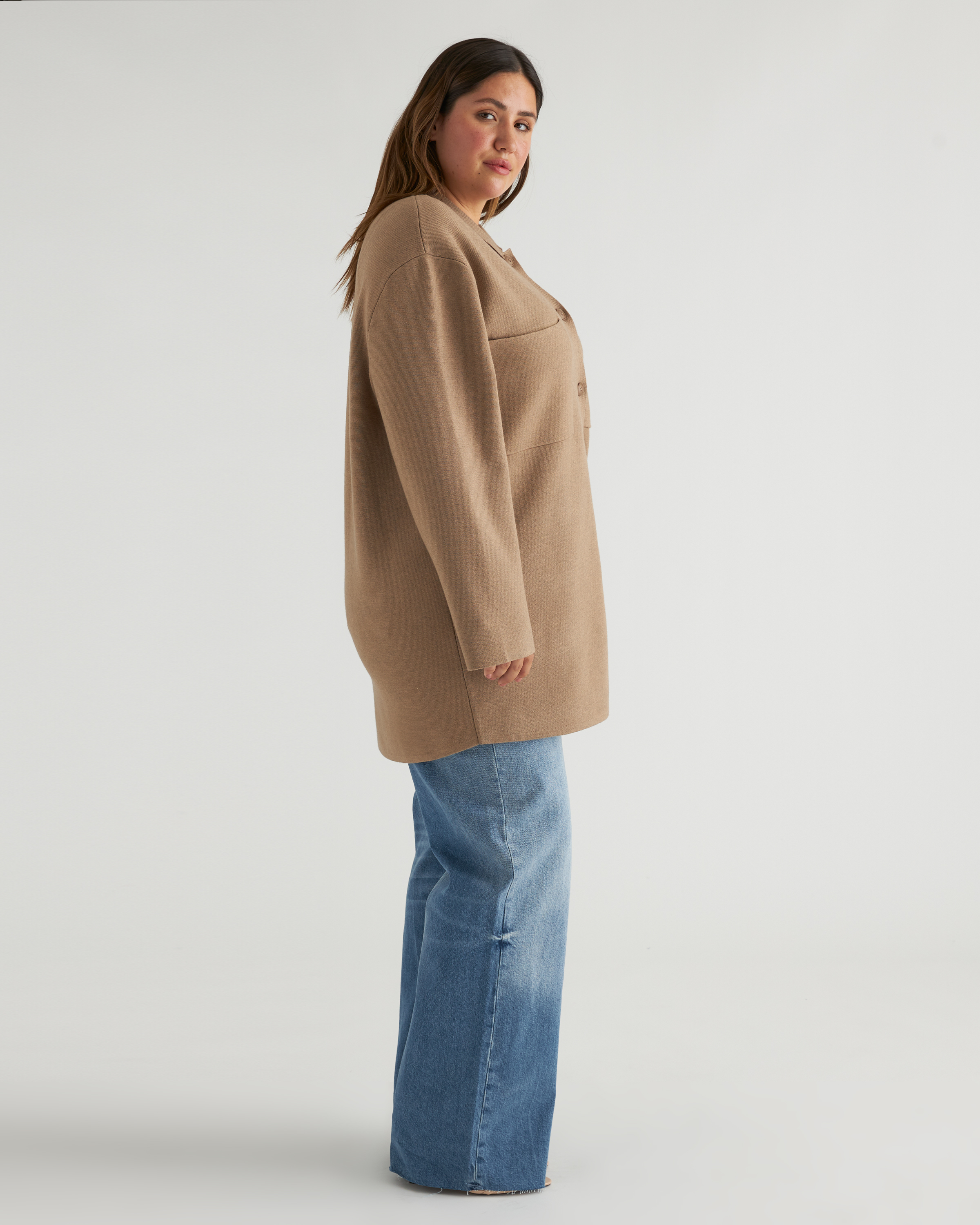 TAUPE　Nidom Color Sticth Shirt Jacket Eco-Knit Milano Stitch Oversized Shirt Jacket in Warm Taupe
