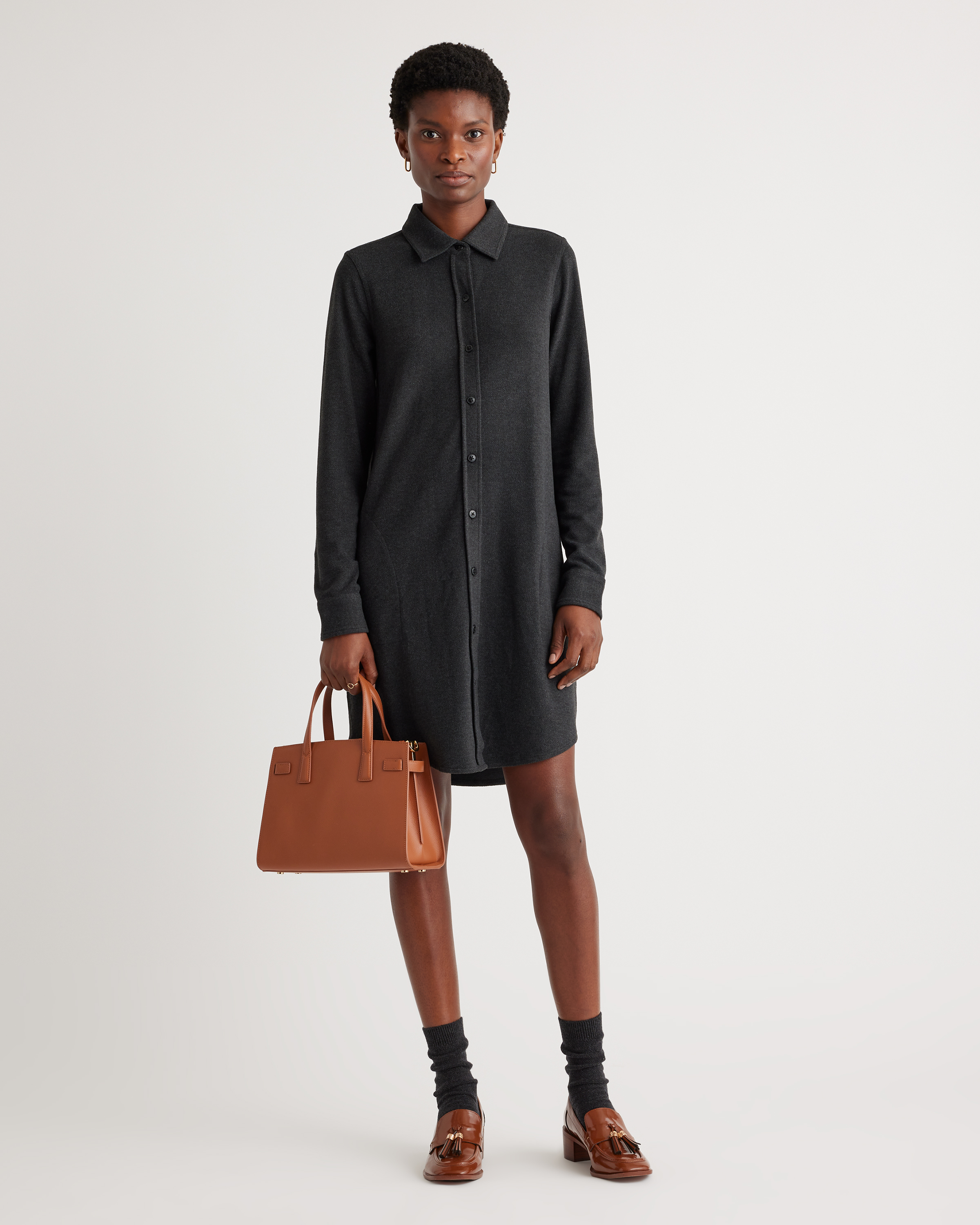 fleece shirt dress Quince Women's Stretch Sweater Fleece Shirt Dress, Medium Size, Black, Recycled Polyester, Button-Front, Relaxed Fit