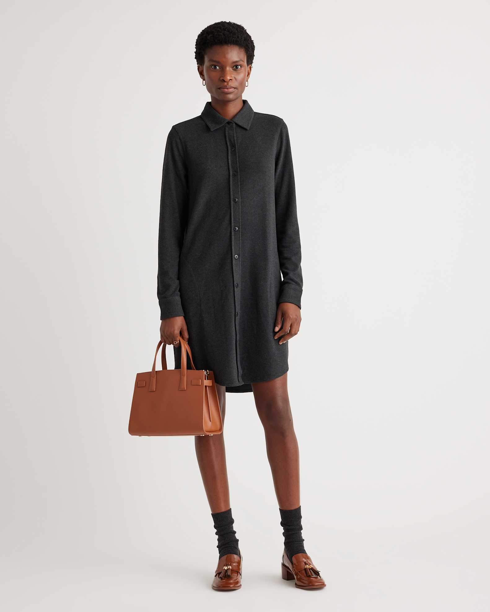 fleece shirt dress Quince Women's Stretch Sweater Fleece Shirt Dress, Small Size, Black Check, Recycled Polyester