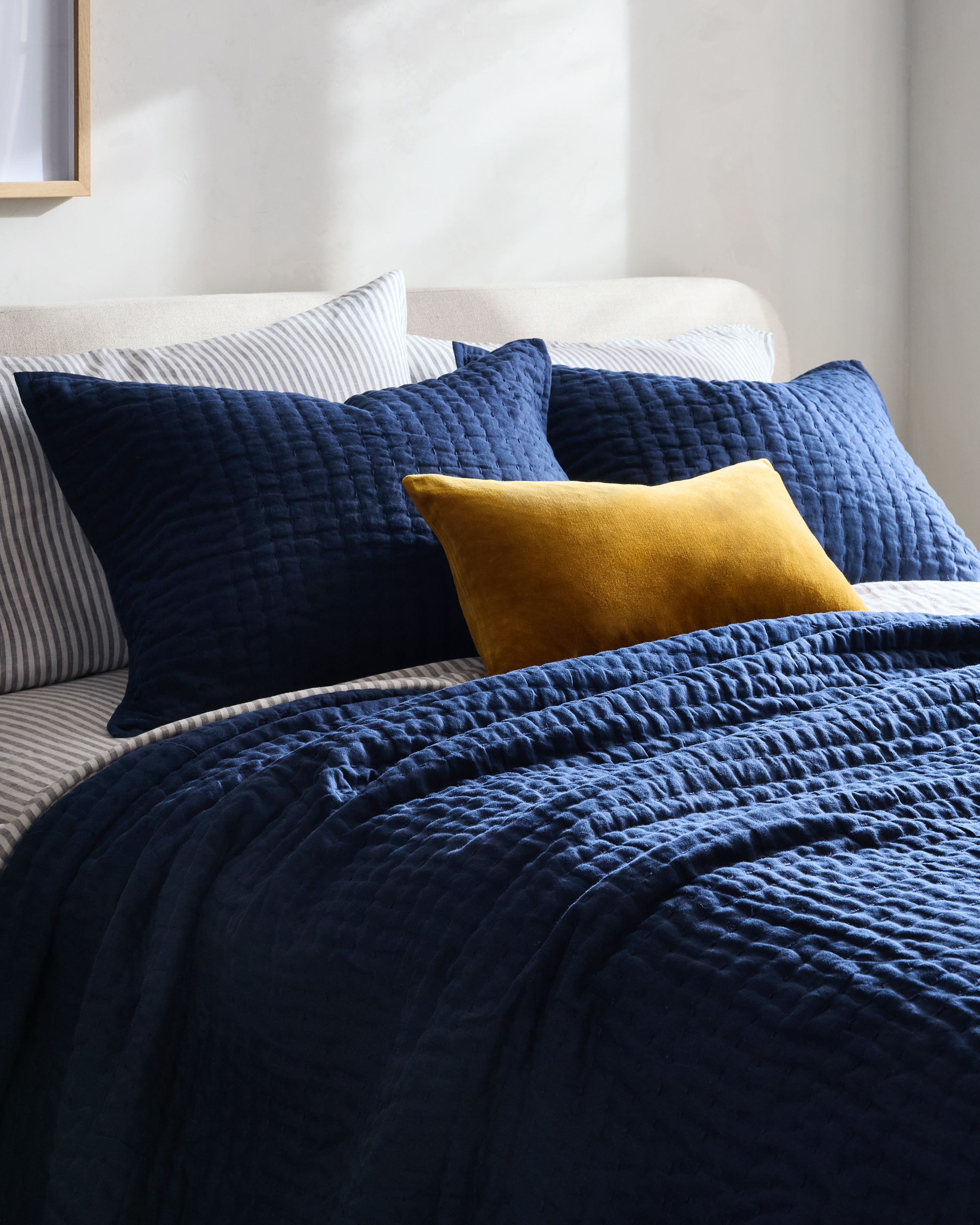 Navy European Linen Cotton Stitch Sham Set