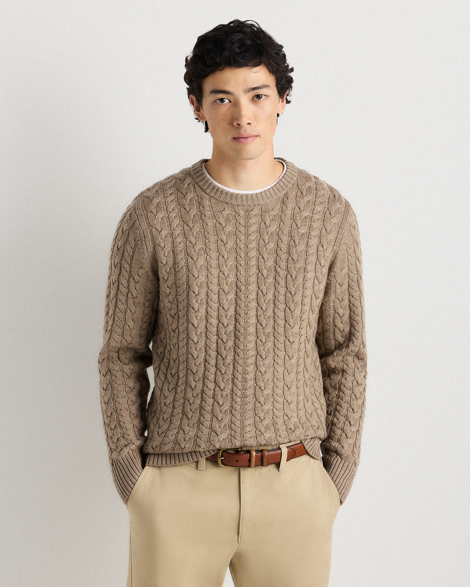 Malted Toffee Australian Merino Wool Cable Crewneck Sweater