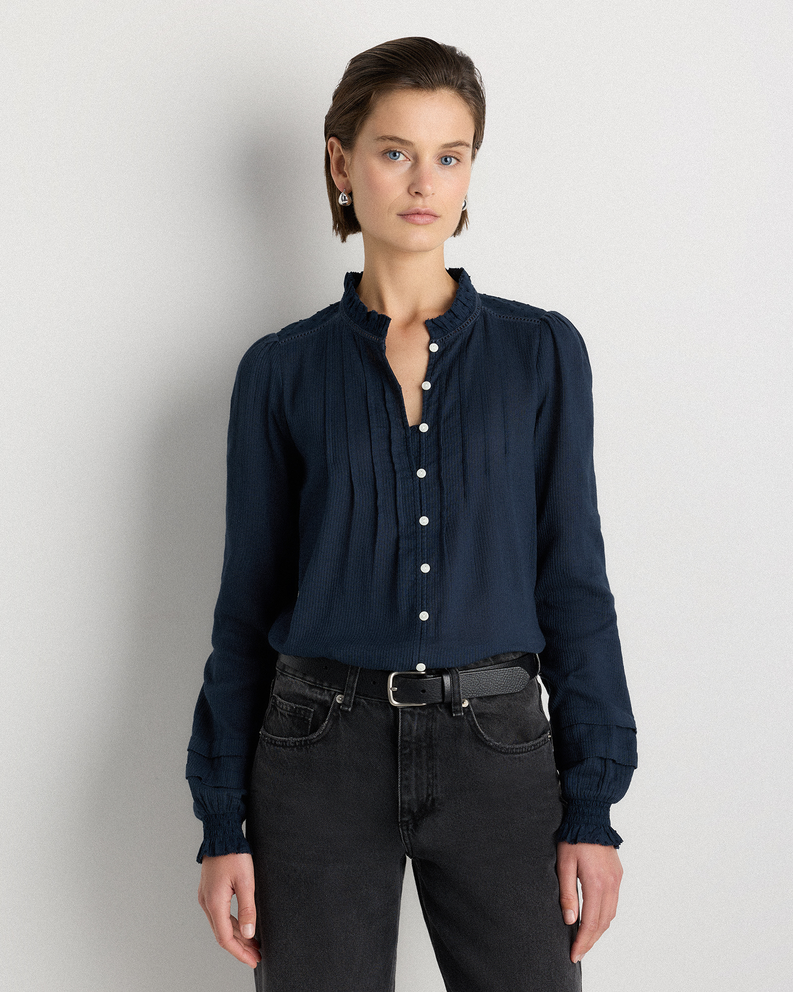 Navy Organic Textured Cotton Peasant Blouse