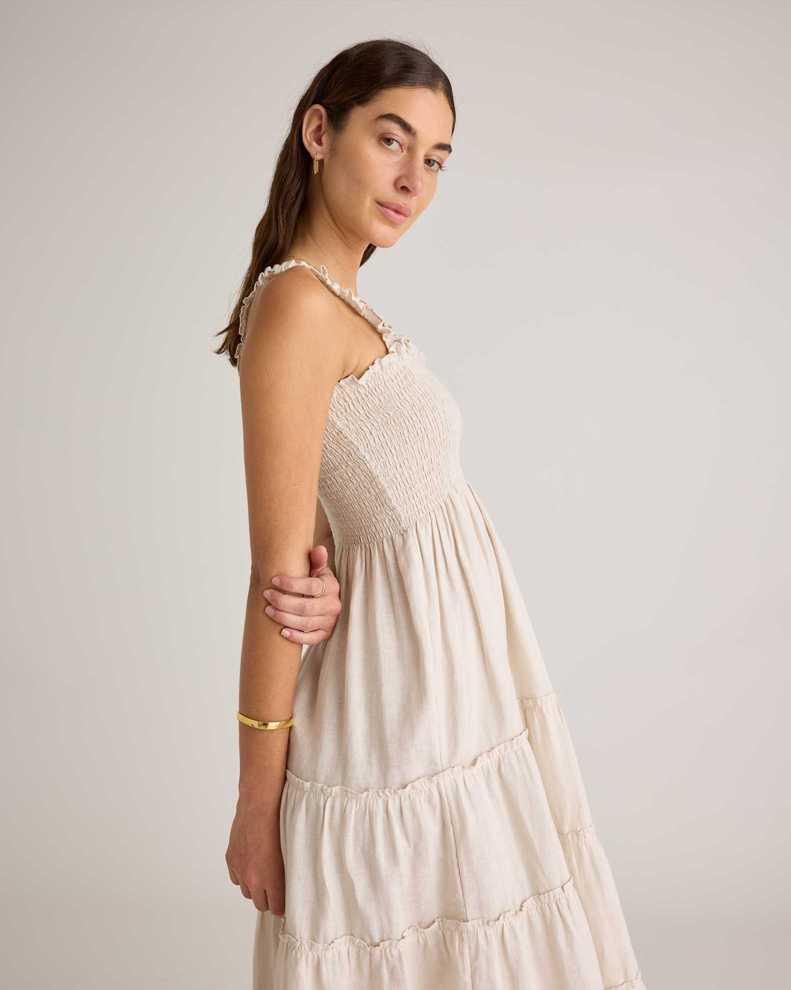 100% European Linen Smocked Midi Dress in Sand - Main Image