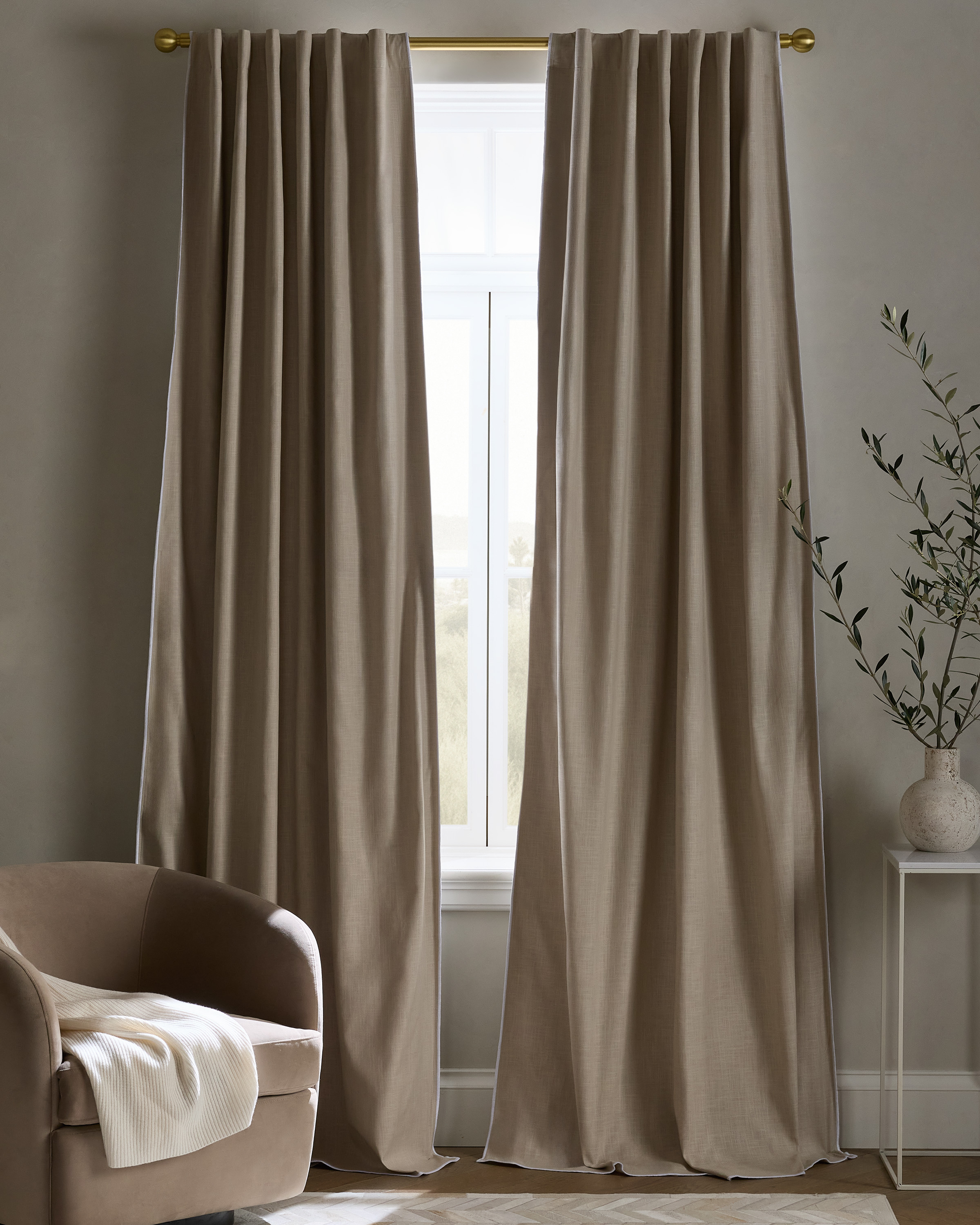 Natural/White Piping Piped Edge Cotton True Blackout Curtain