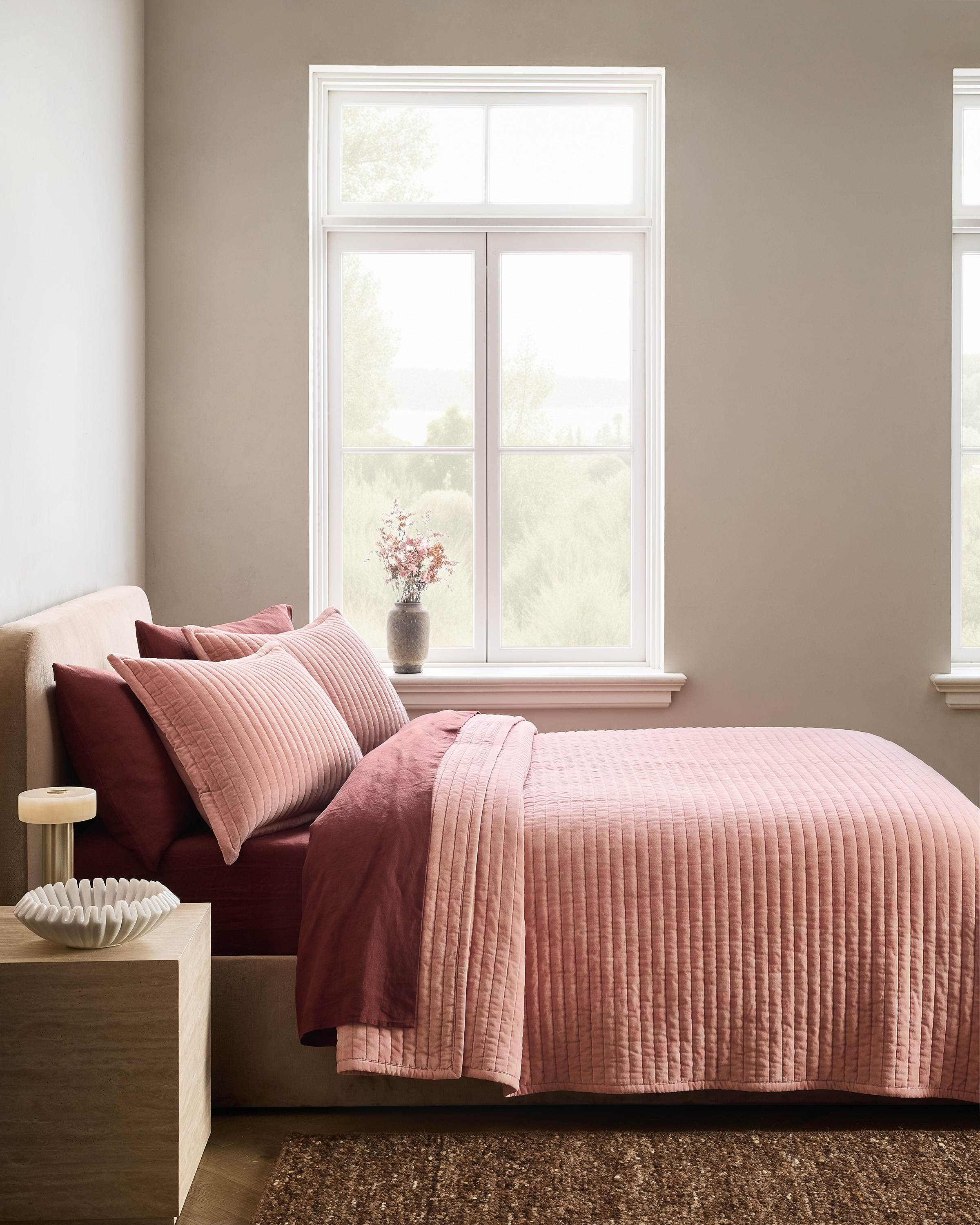 Rose Cotton Velvet Horizontal Channel Quilt Set