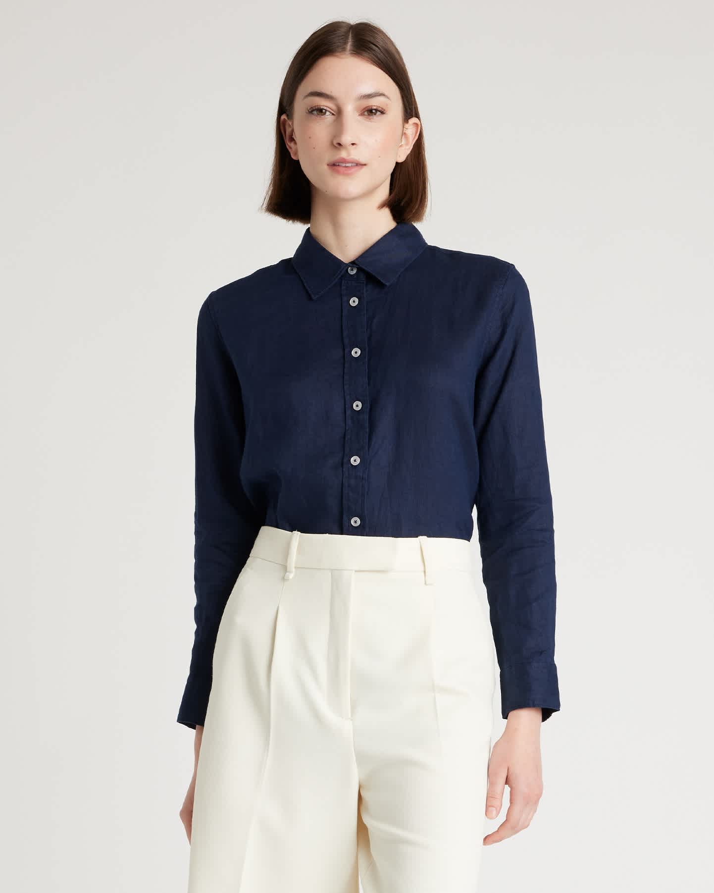 navy blue dress shirt womens Women's Slim Fit Polo Blue/White Perfectly tailored button Women's 100% European Linen Long